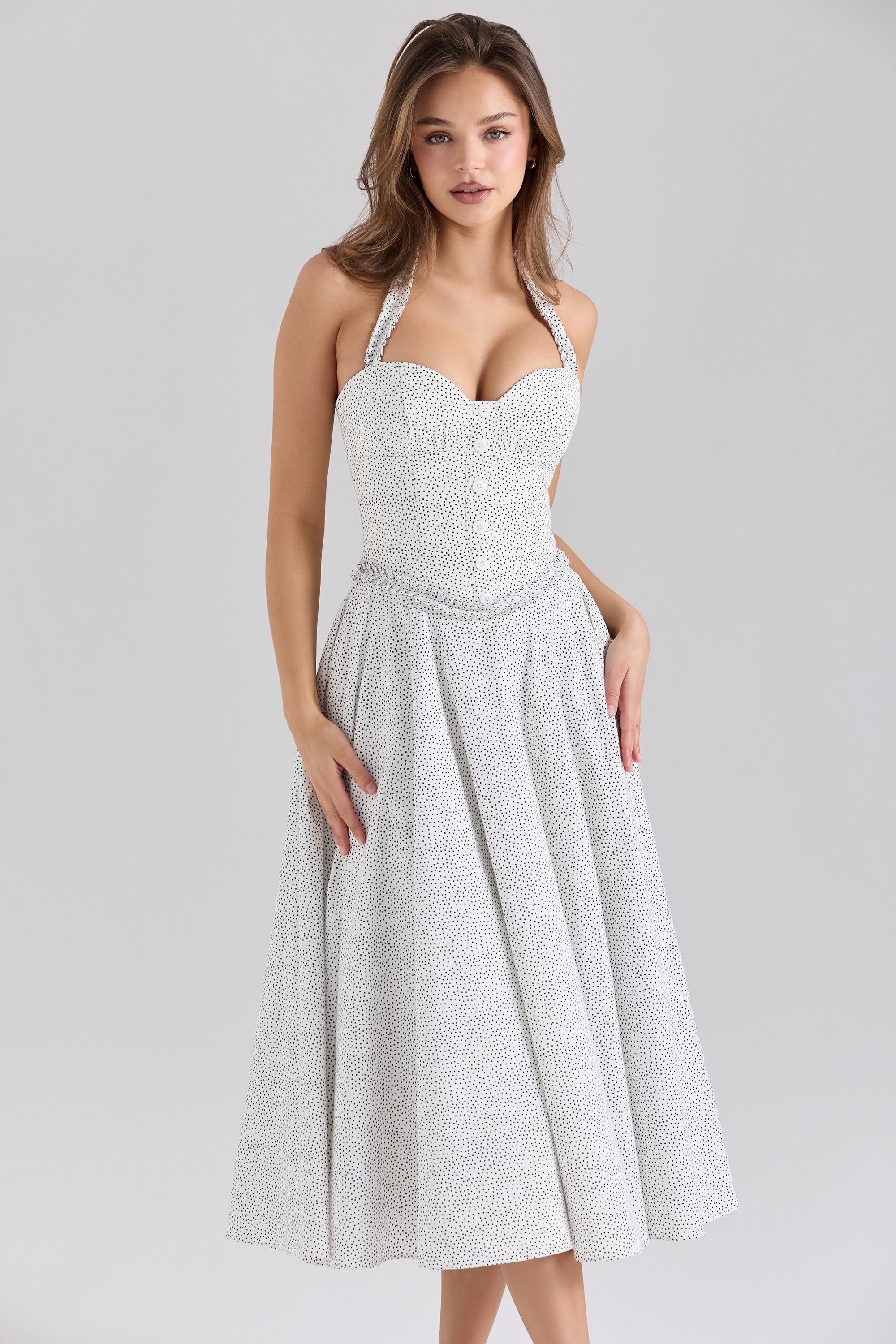 Georgie  Cotton Halter Neck Polka Dot Print Midi Dress — image 3