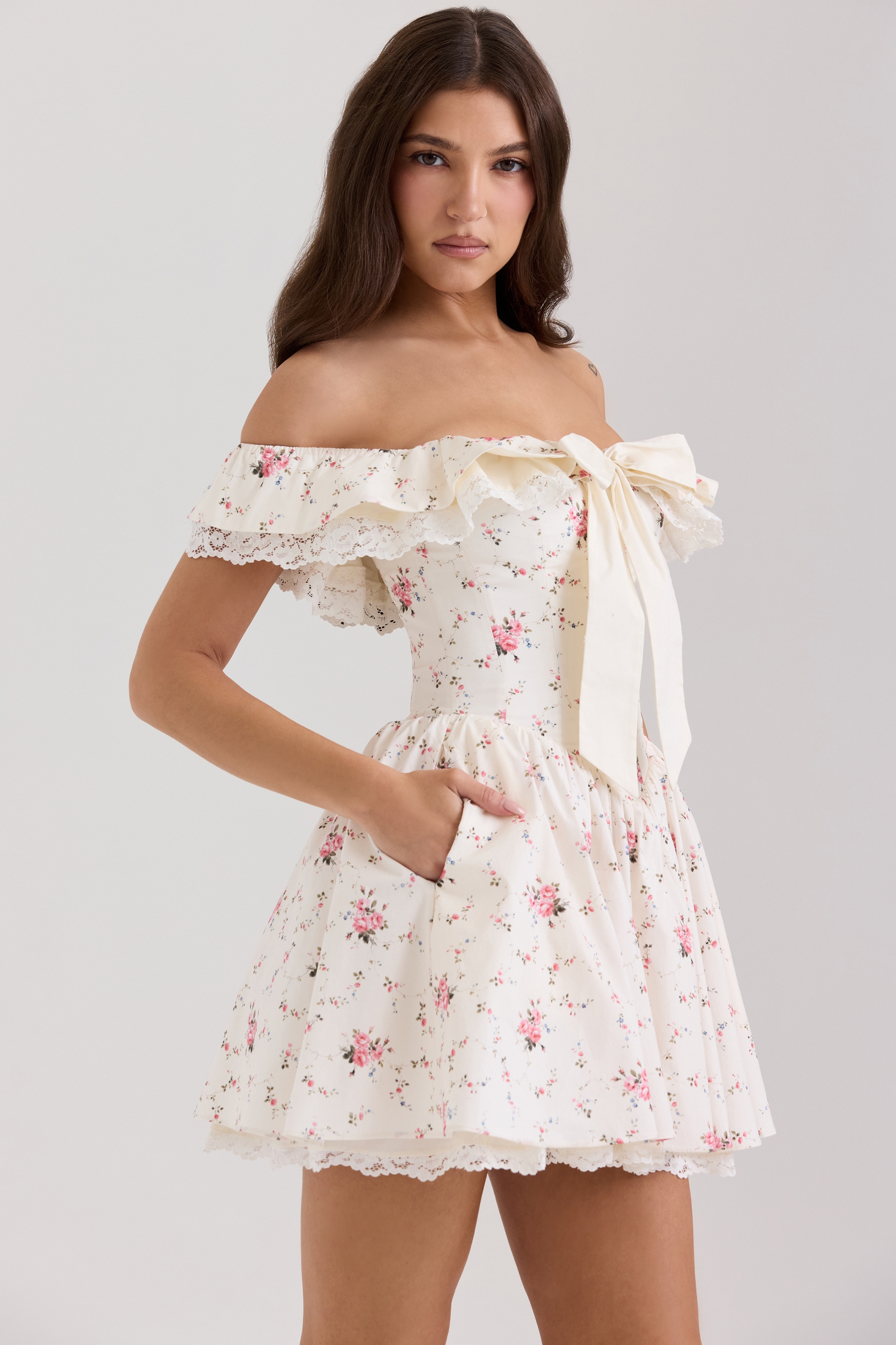 Jaide  Stretch Cotton Floral Print Off Shoulder Corset Mini Dress — image 6