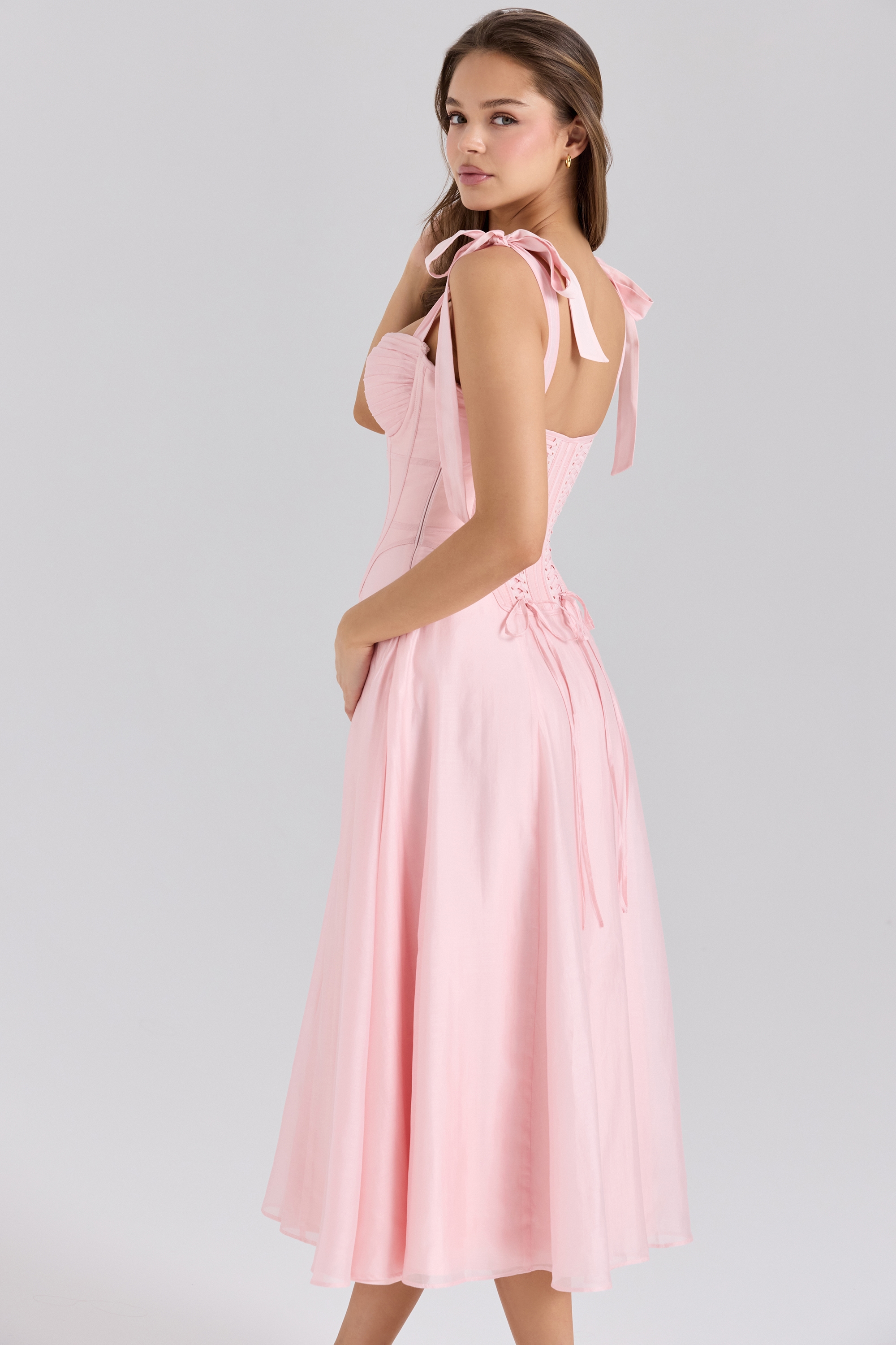 Leia  Pink Chiffon Tie Strap Midi Dress — image 6