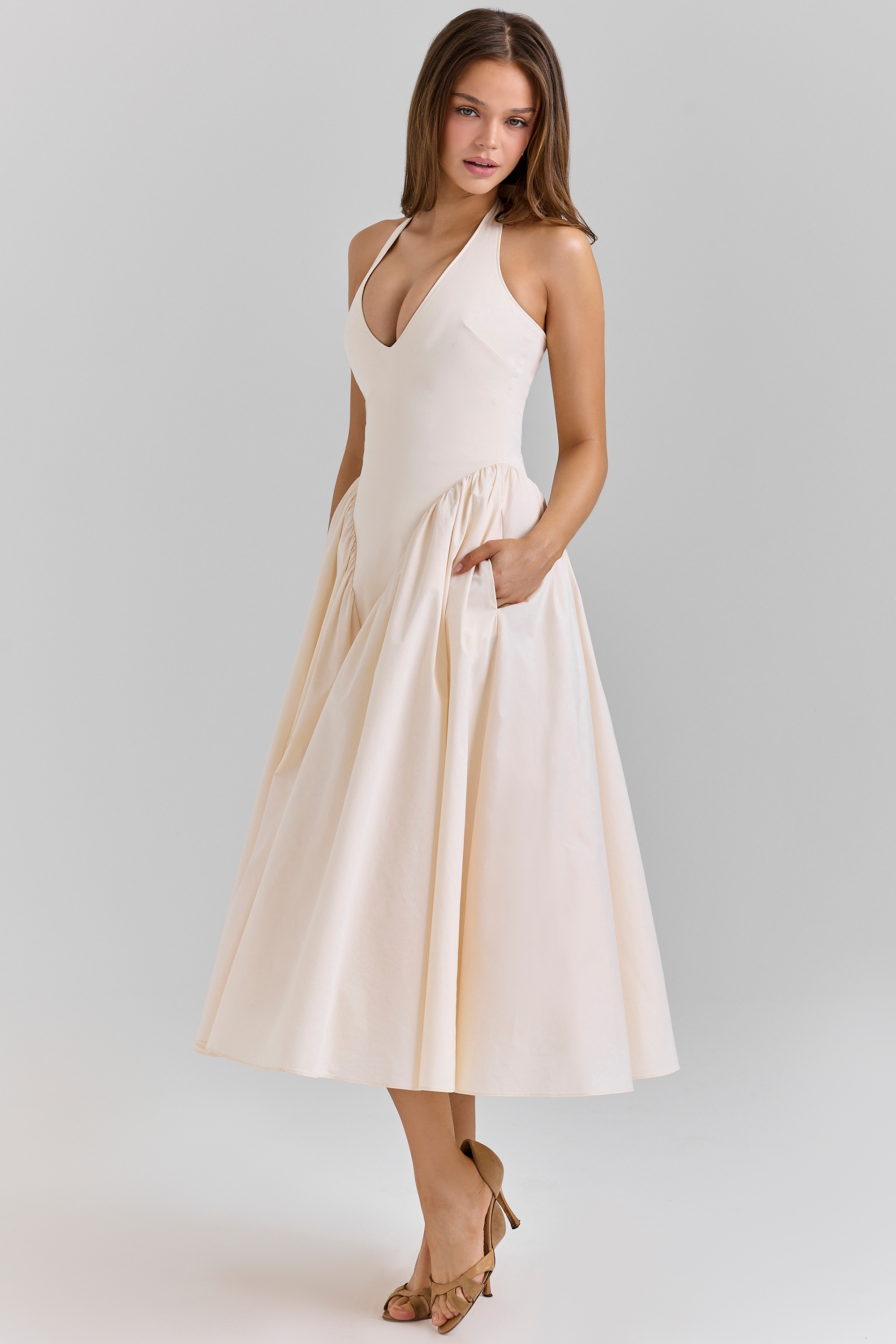 Marilyn  Ecru Stretch Cotton Midi Sundress — image 5