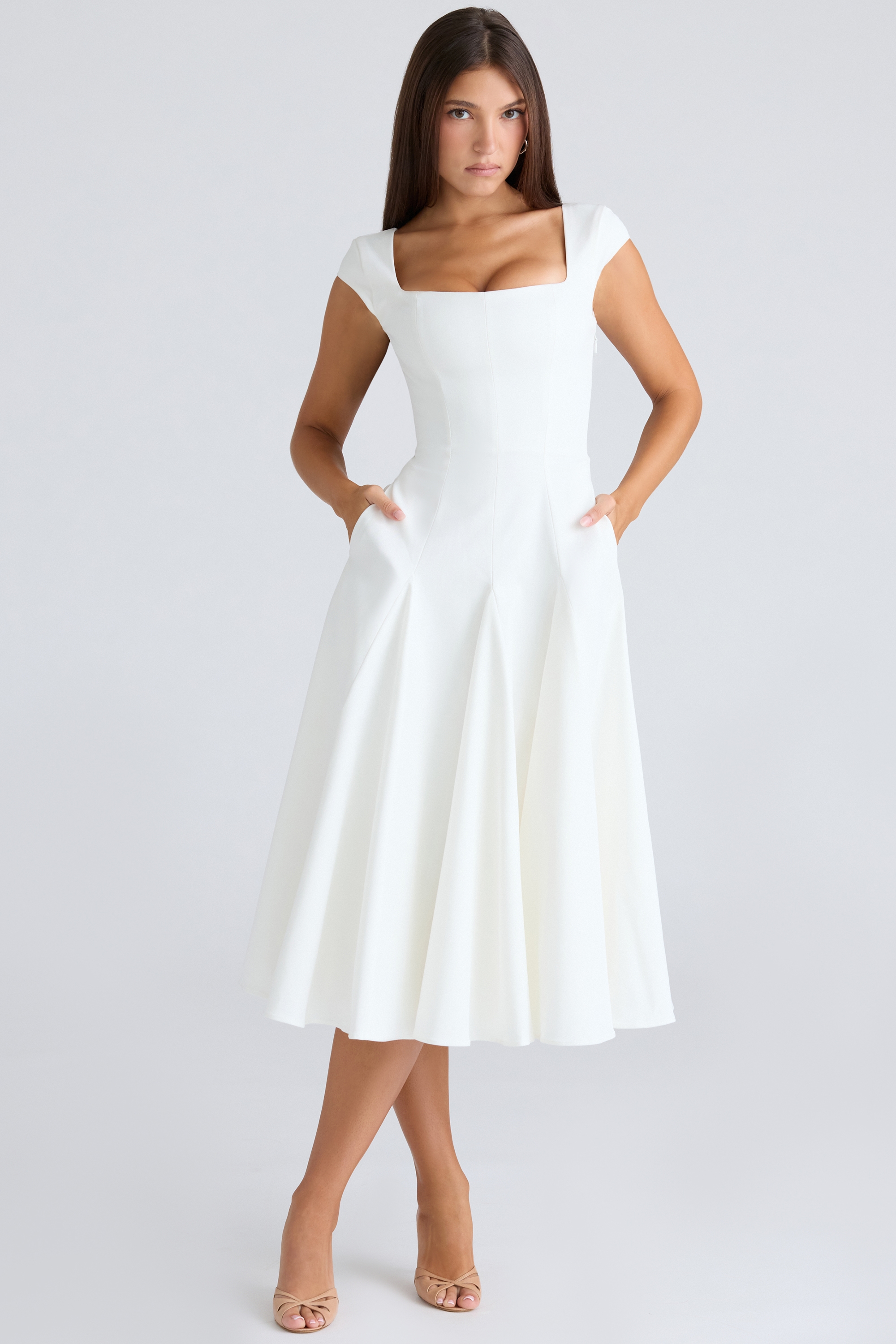 Raisa  White Square Neck Twill Midi Dress — image 1