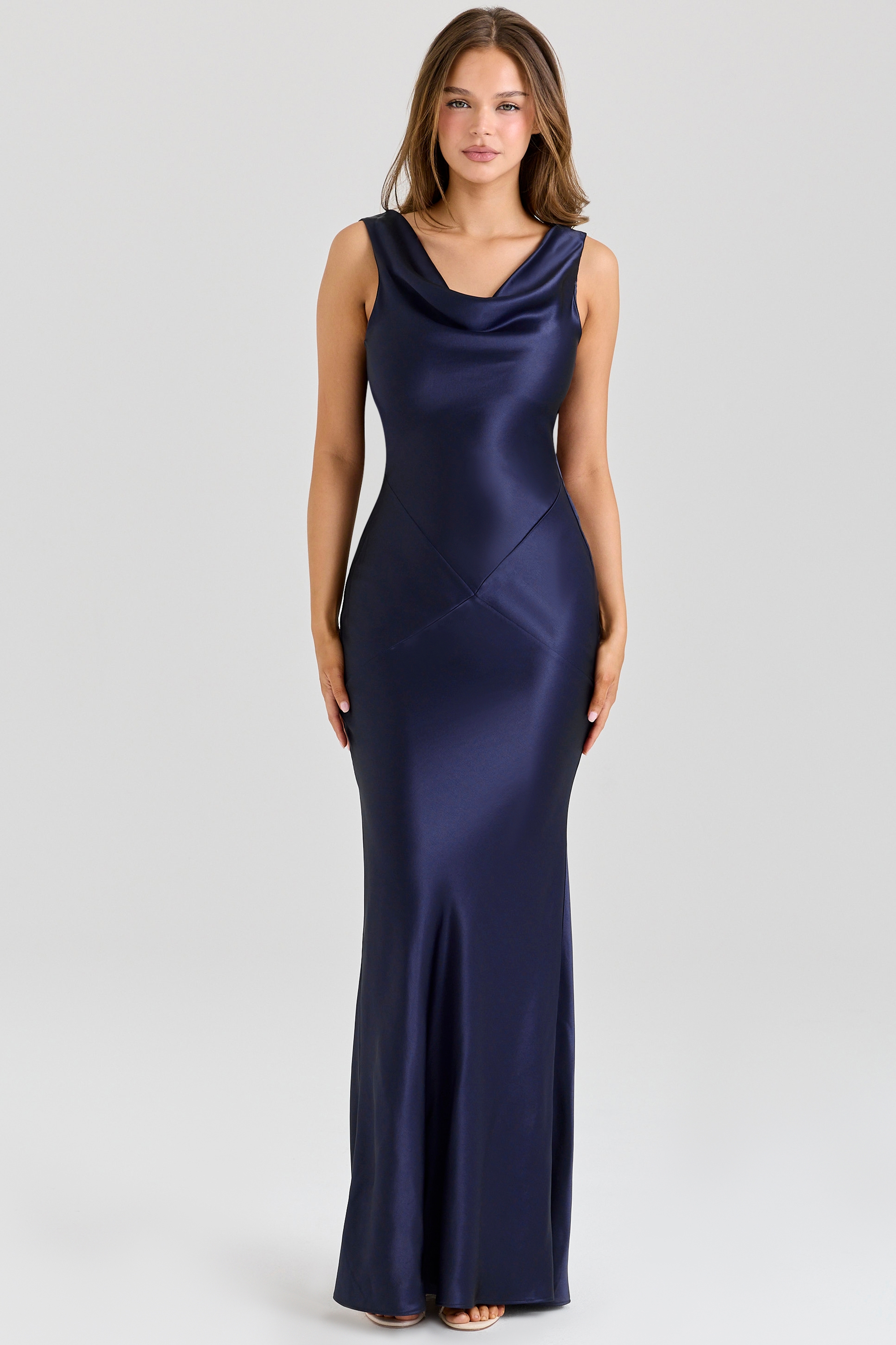 Safaira  Navy Satin Draped Cowl Neck Maxi Dress — image 3