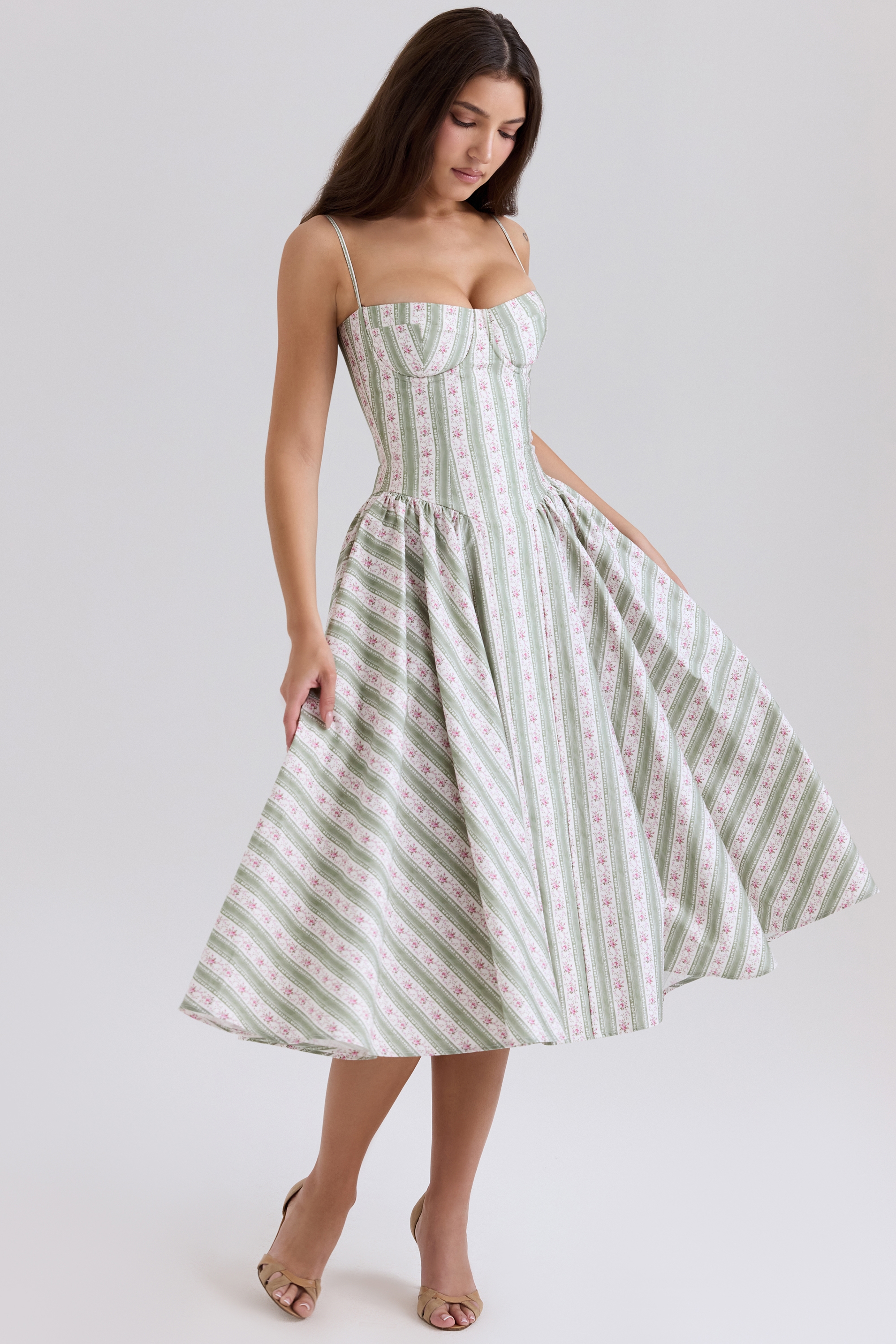 Samaria  Sage Striped Floral Print Cotton Midi Dress — image 3