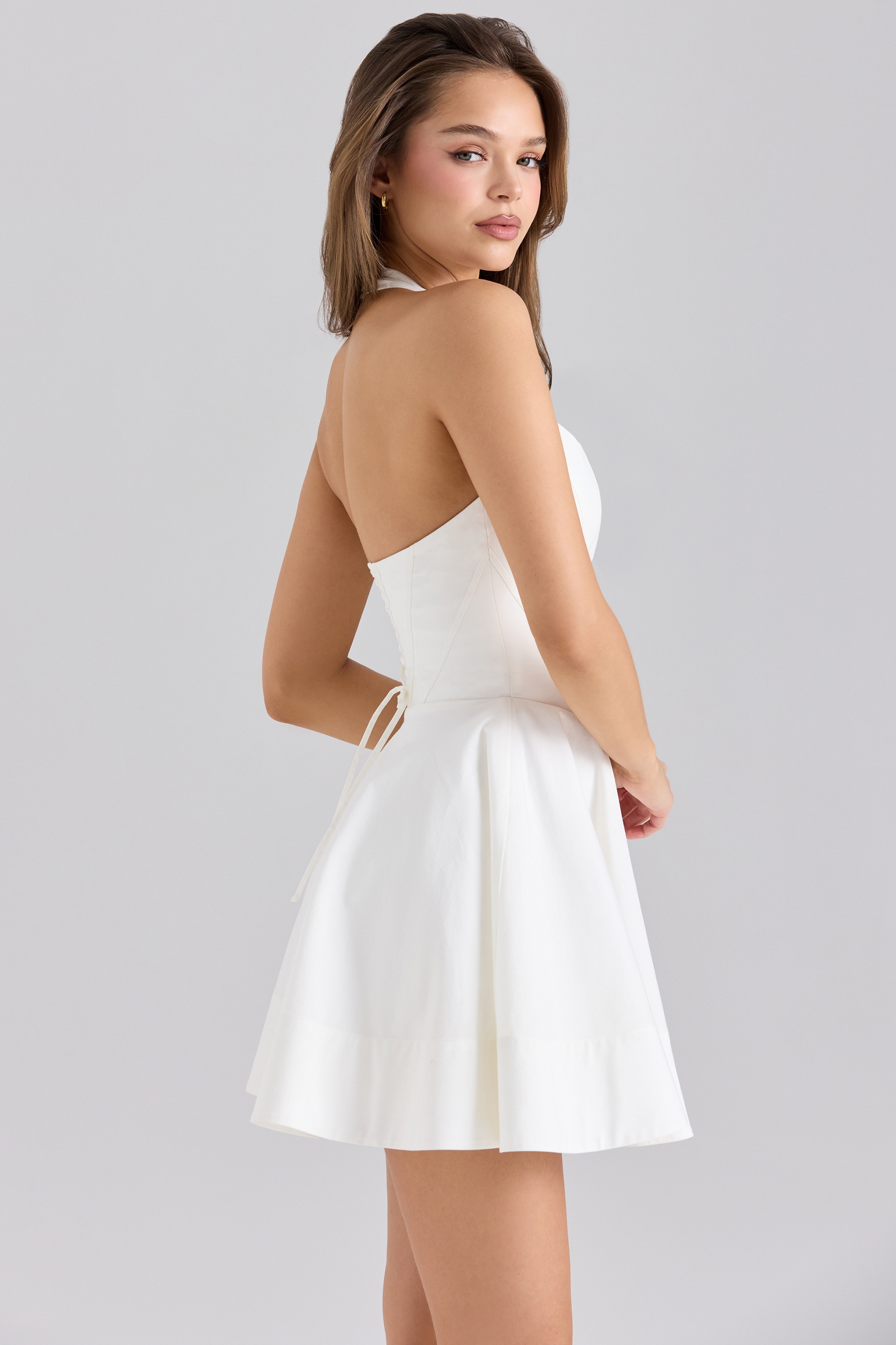 Sasha  White Stretch Cotton Halter Neck Mini Dress — image 3