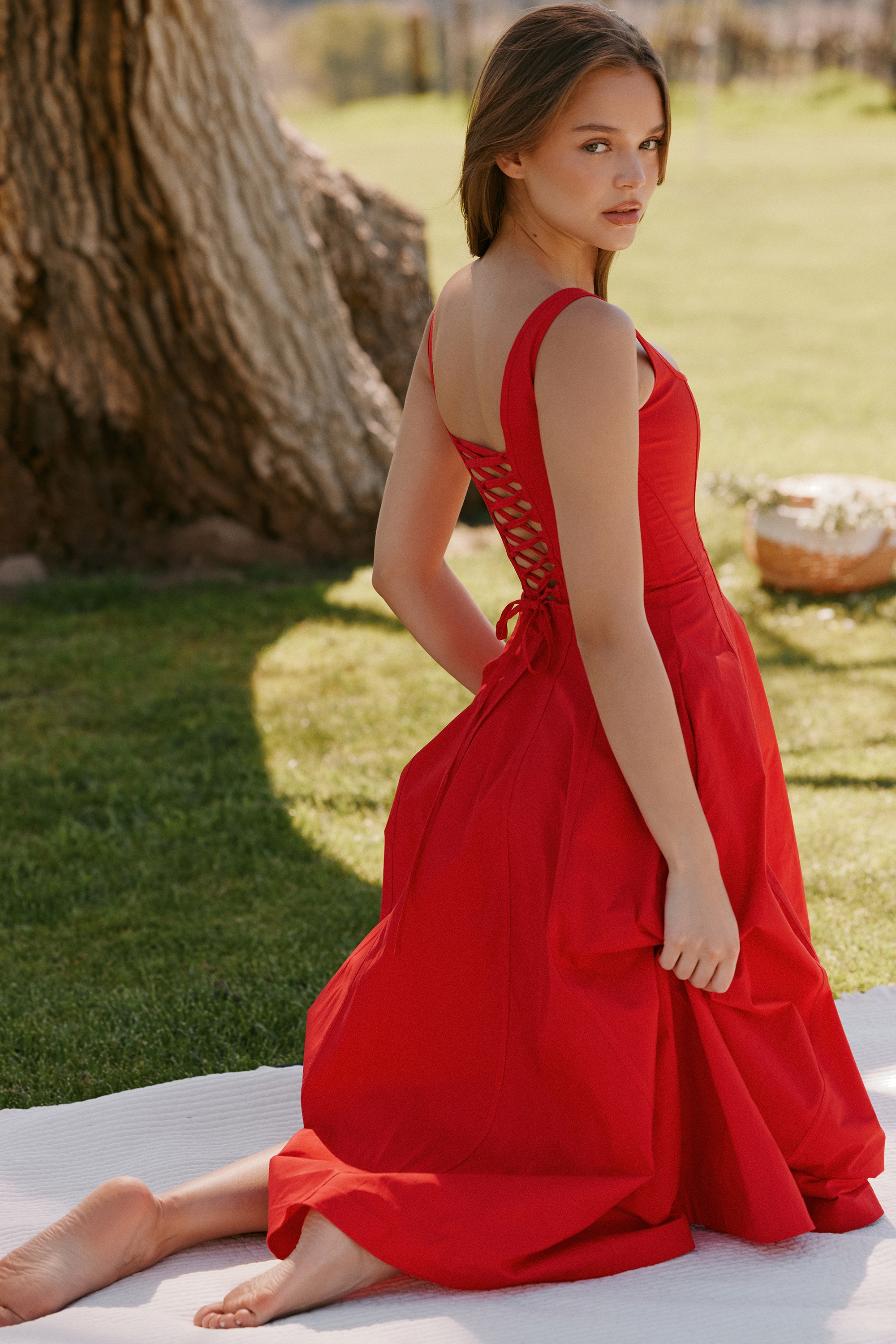 Mariabella  Red Stretch Cotton Midi Sundress — image 9