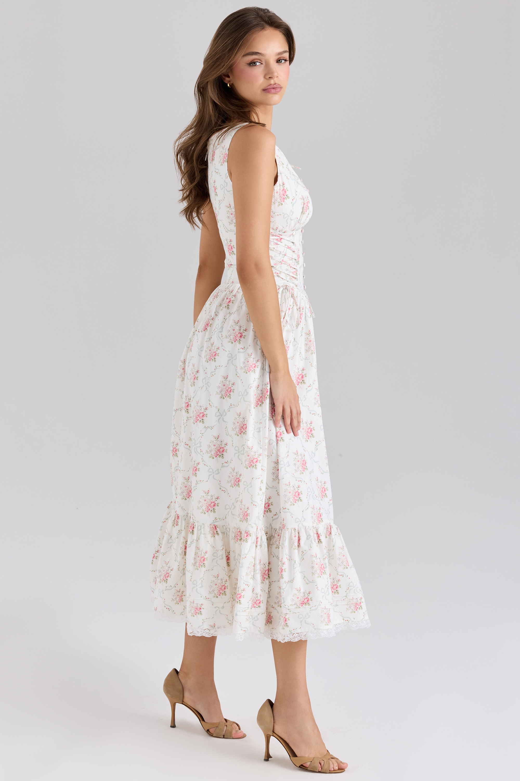 Sienna  Rose Print Stretch Cotton Lace Up Midi Dress — image 5