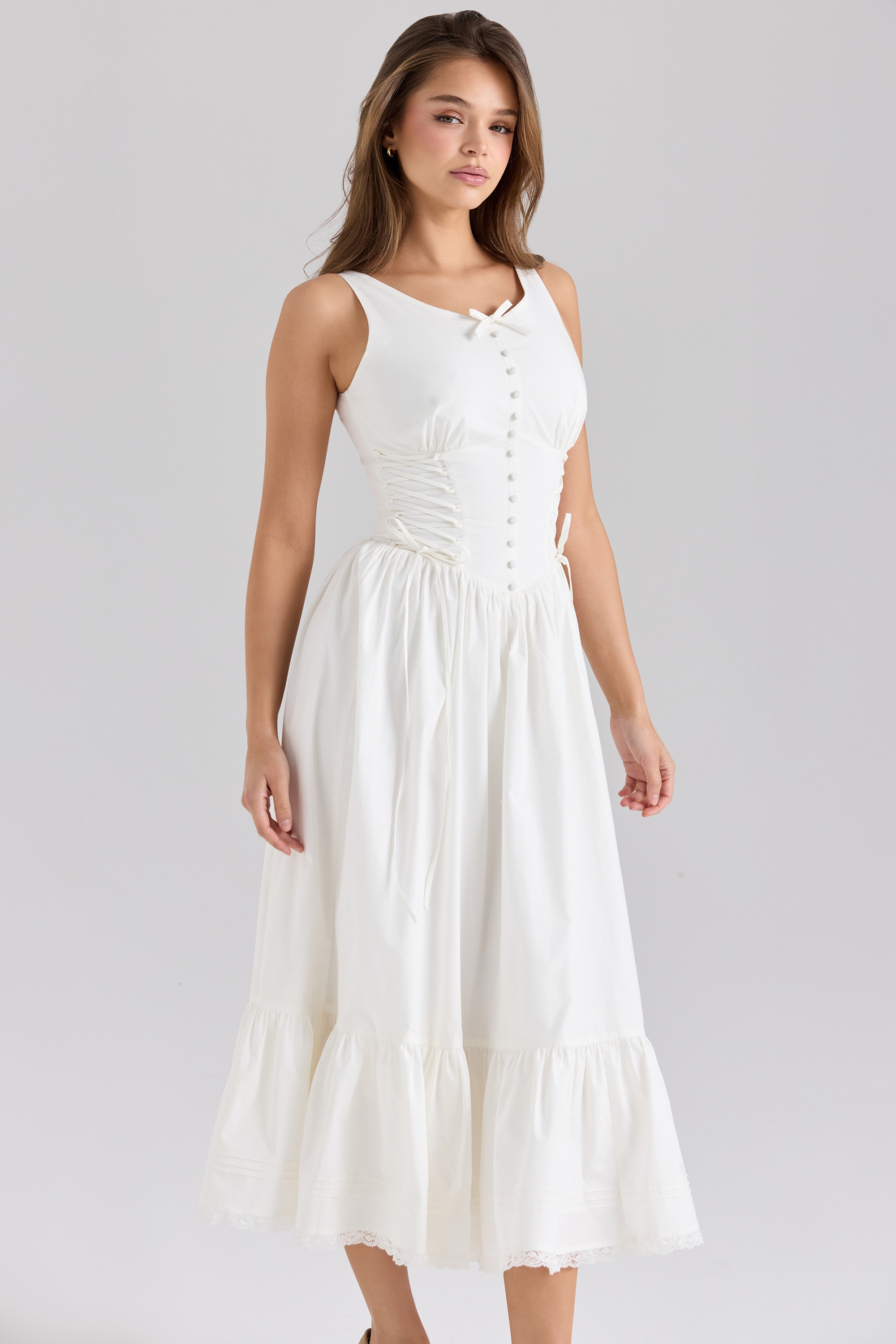 Sienna  White Stretch Cotton Lace Up Midi Dress — image 6