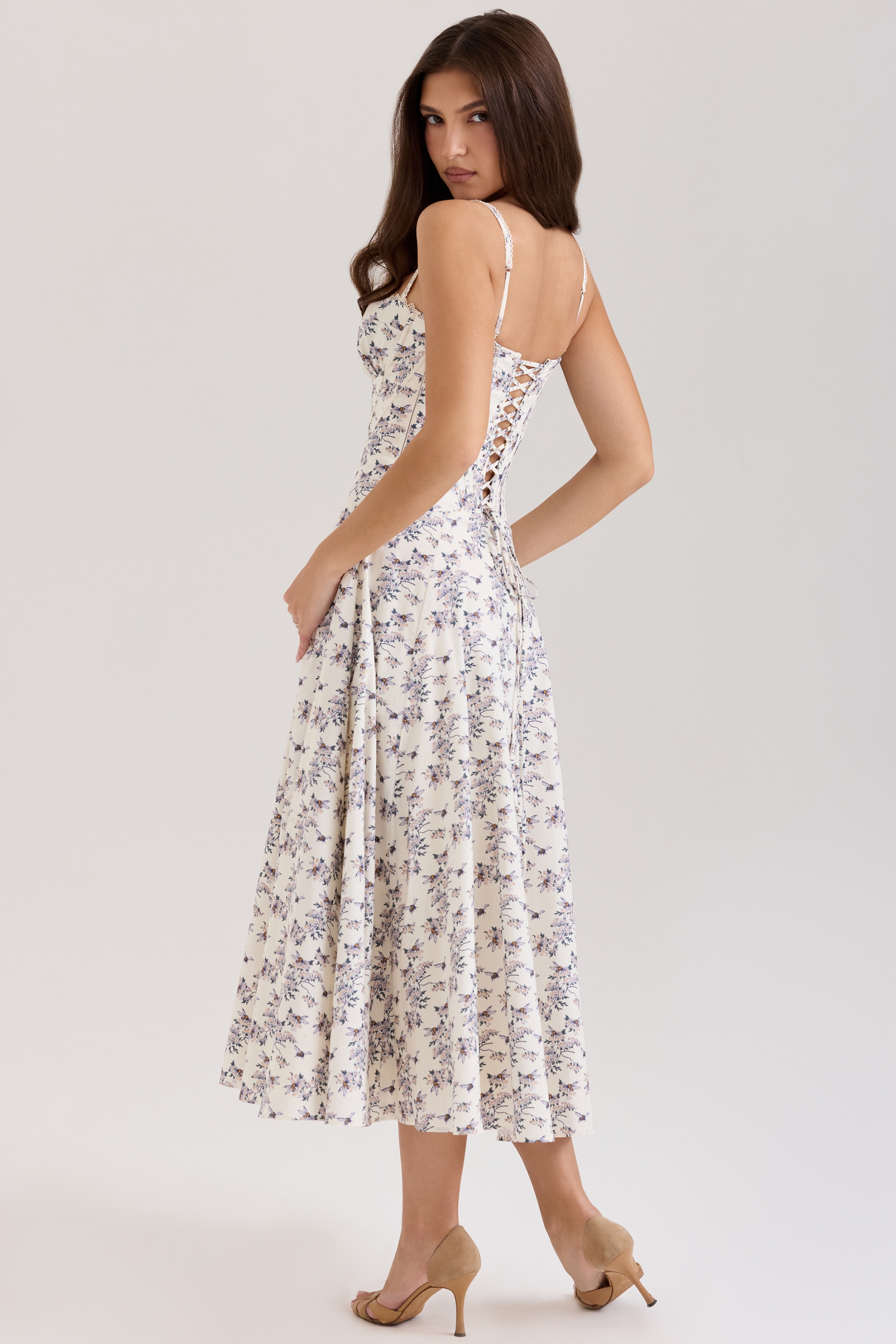 Steffani  Cream Stretch Cotton Floral Print Midi Sundress — image 2