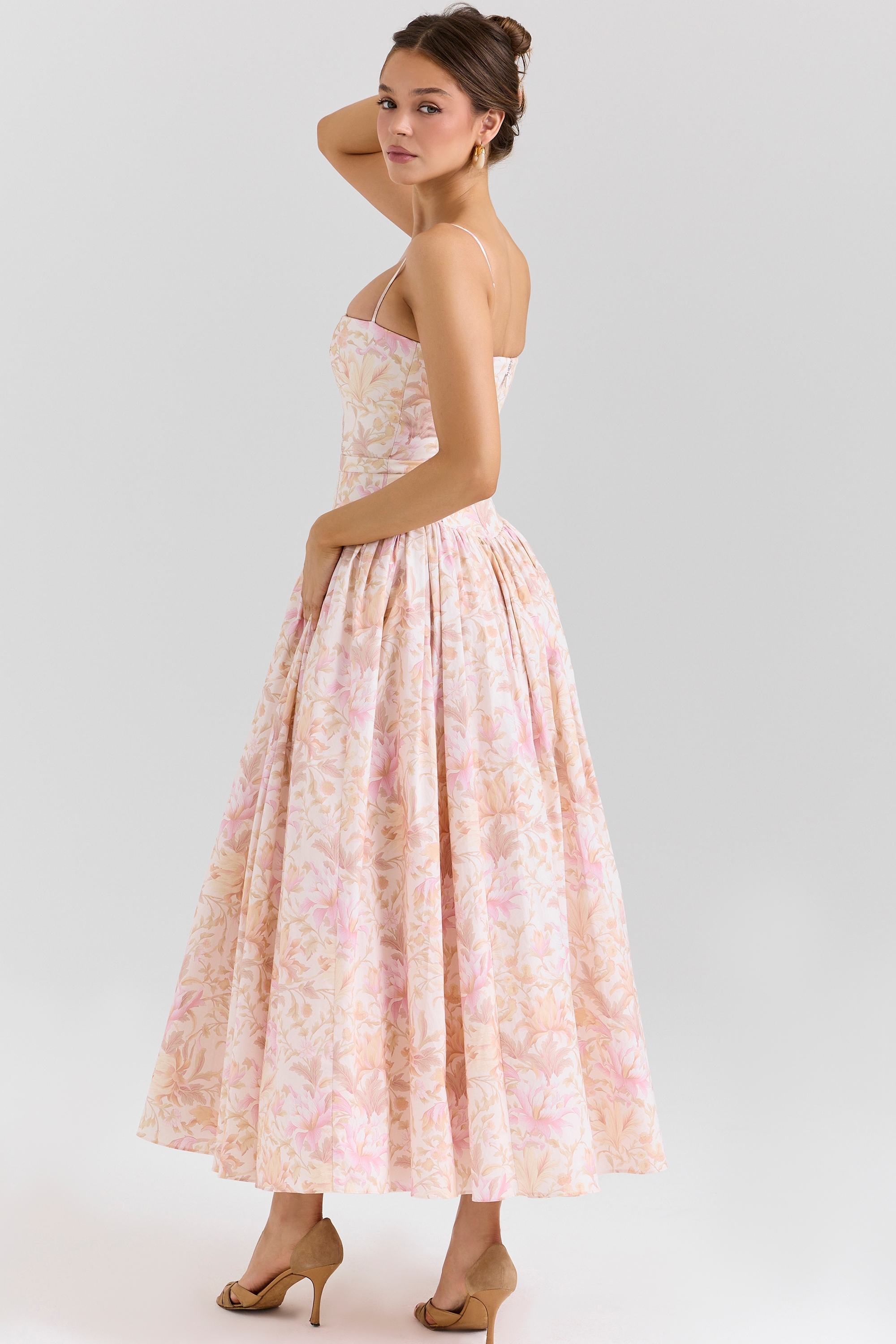 Ysabella  Peach Floral Print Stretch Cotton Midi Sundress — image 2