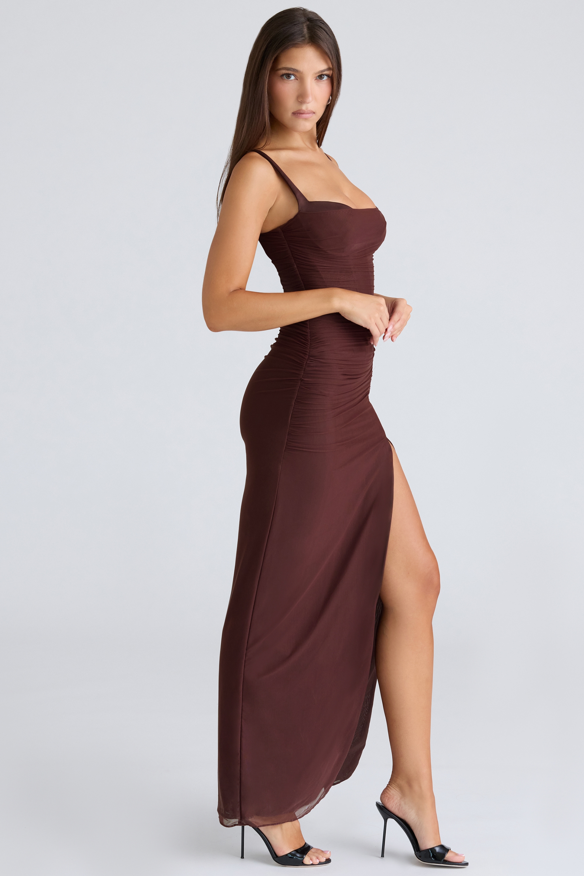 Lini  Burgundy Stretch Mesh Maxi Dress — image 7