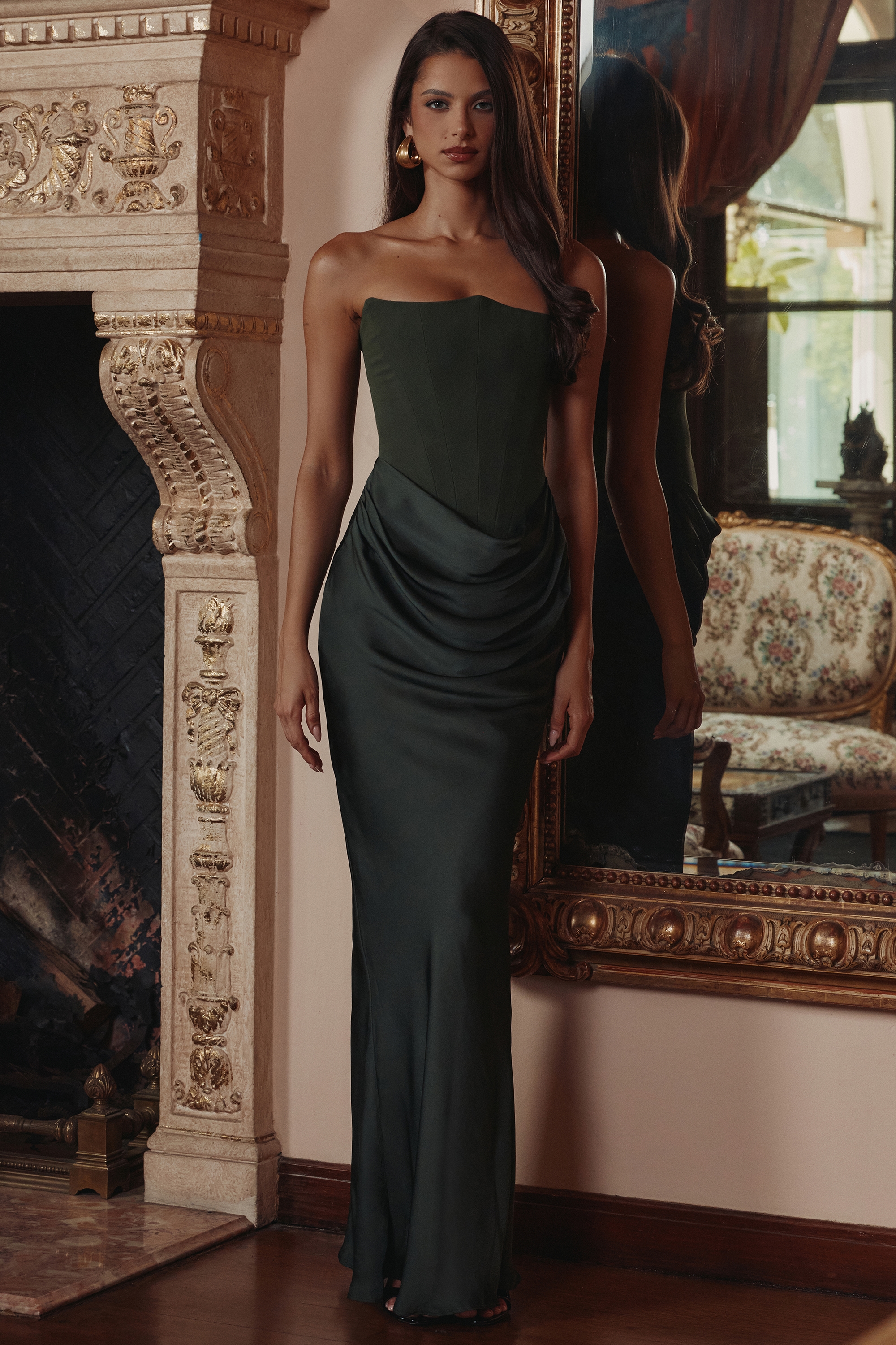 Persephone  Emerald Green Crepe Strapless Corset Maxi Dress — image 8