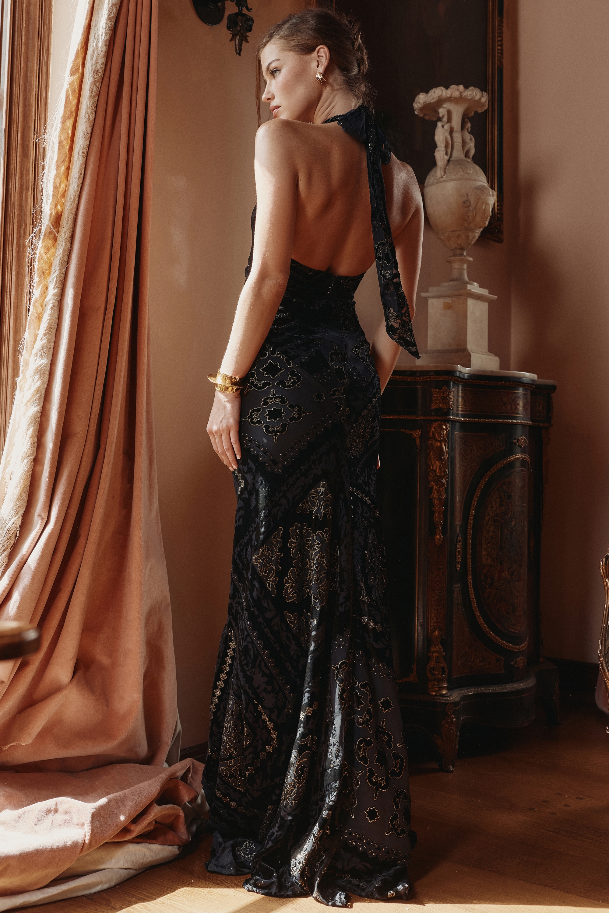 Oliviana  Black & Gold Devore Velvet Maxi Gown — image 10