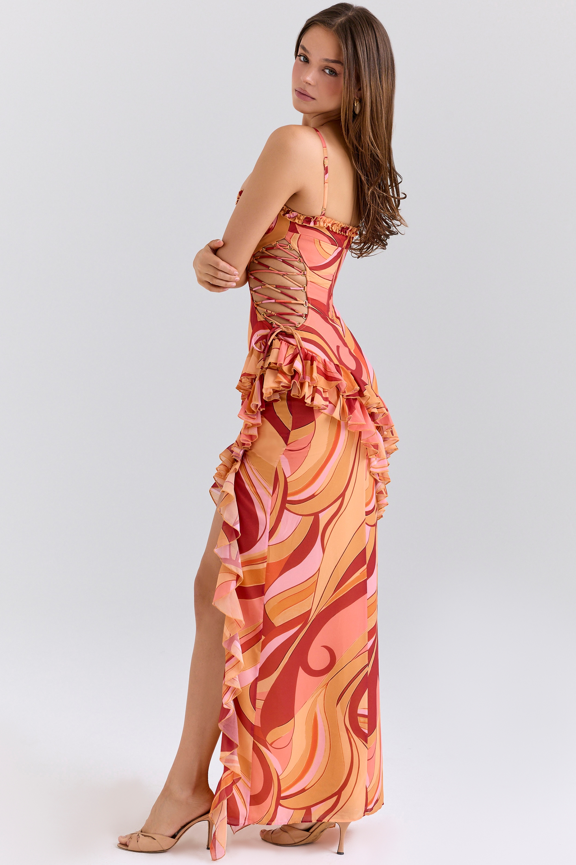 Lumira  Sunset Swirl Print Ruffle Cut Out Maxi Dress — image 7
