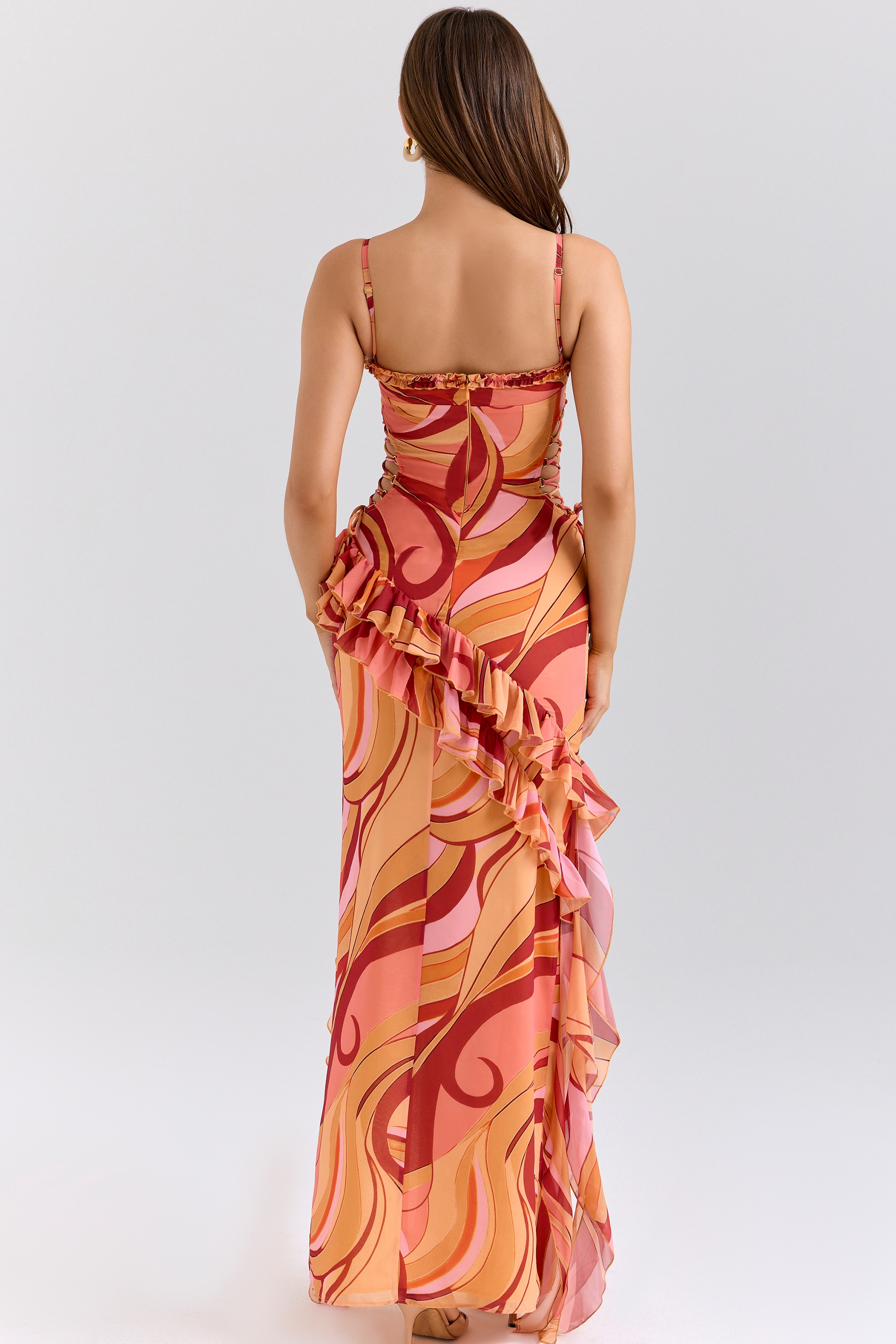Lumira  Sunset Swirl Print Ruffle Cut Out Maxi Dress — image 8