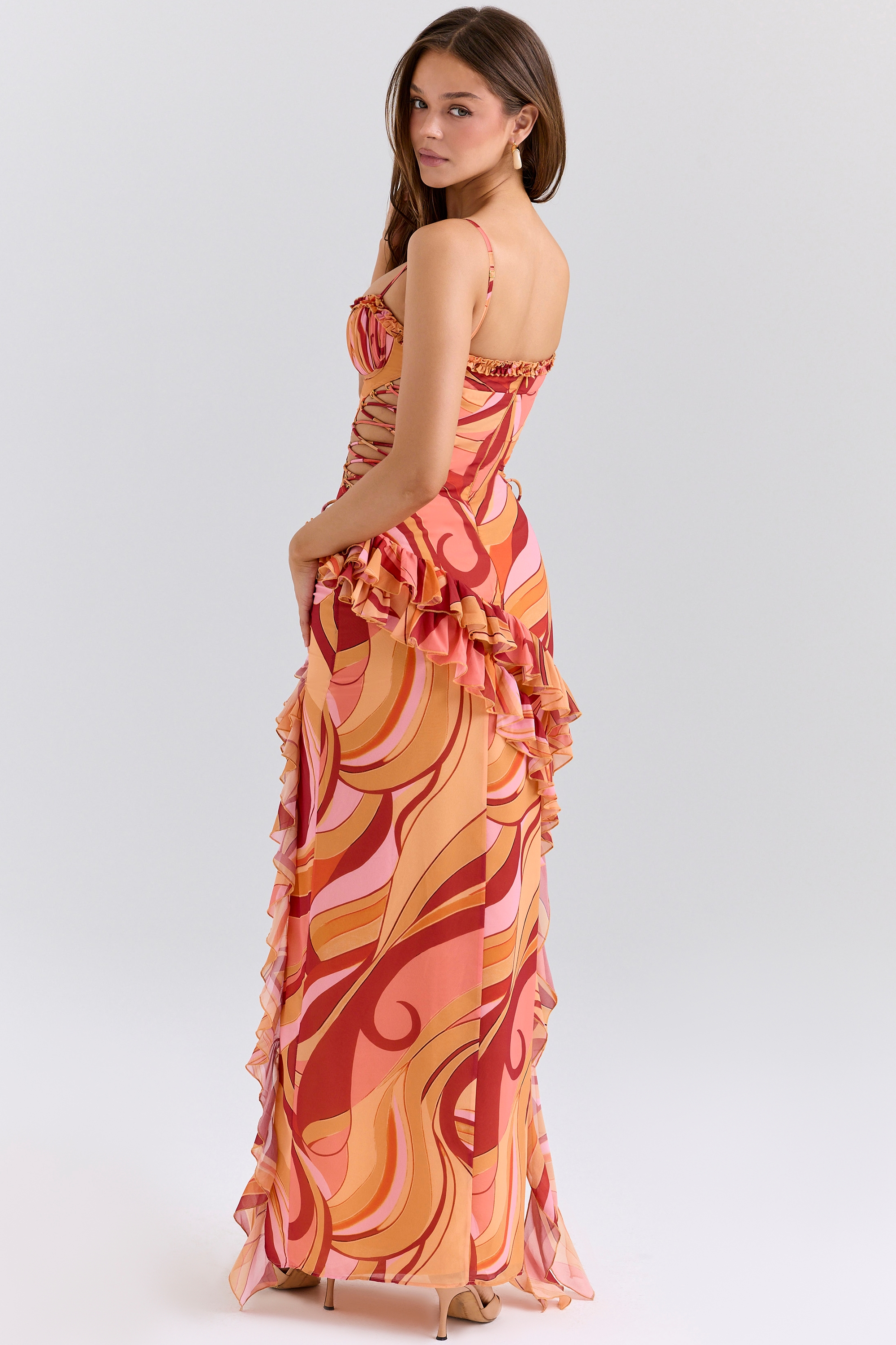 Lumira  Sunset Swirl Print Ruffle Cut Out Maxi Dress — image 6