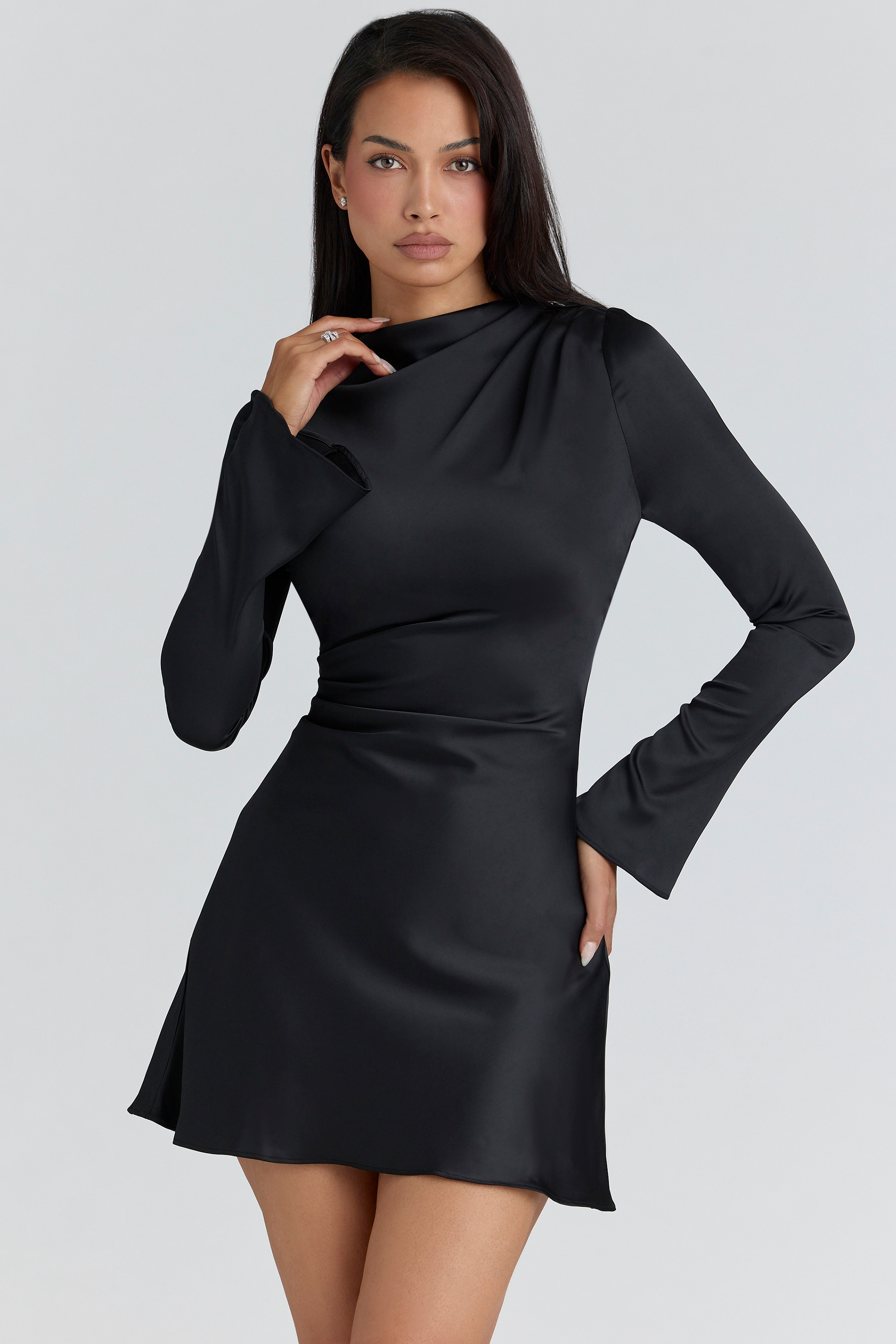 Lulu  Black Satin Long Sleeve Mini Dress — image 1