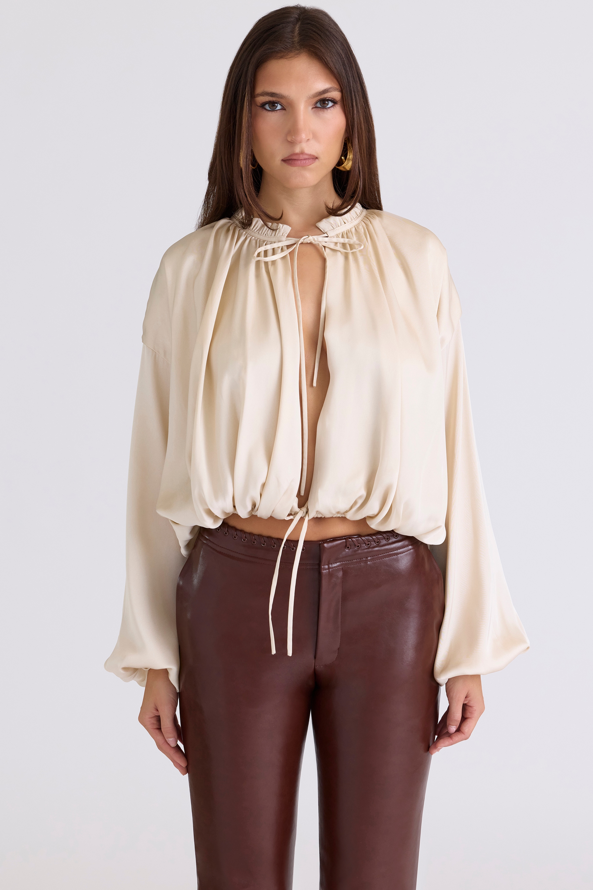 Talia  Ecru Satin Open Front Blouse — image 6