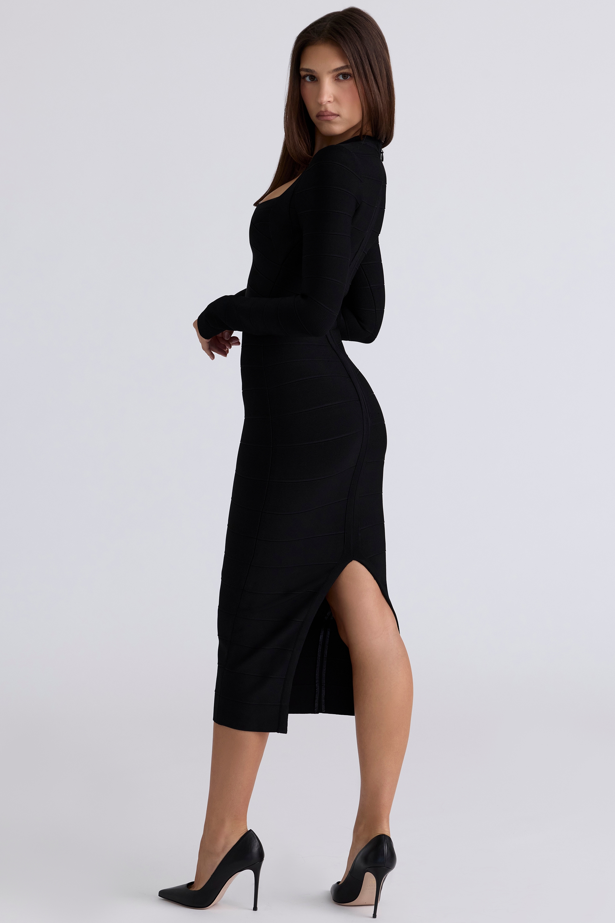 The Naomi  Black Long Sleeve Bandage Midi Dress — image 2