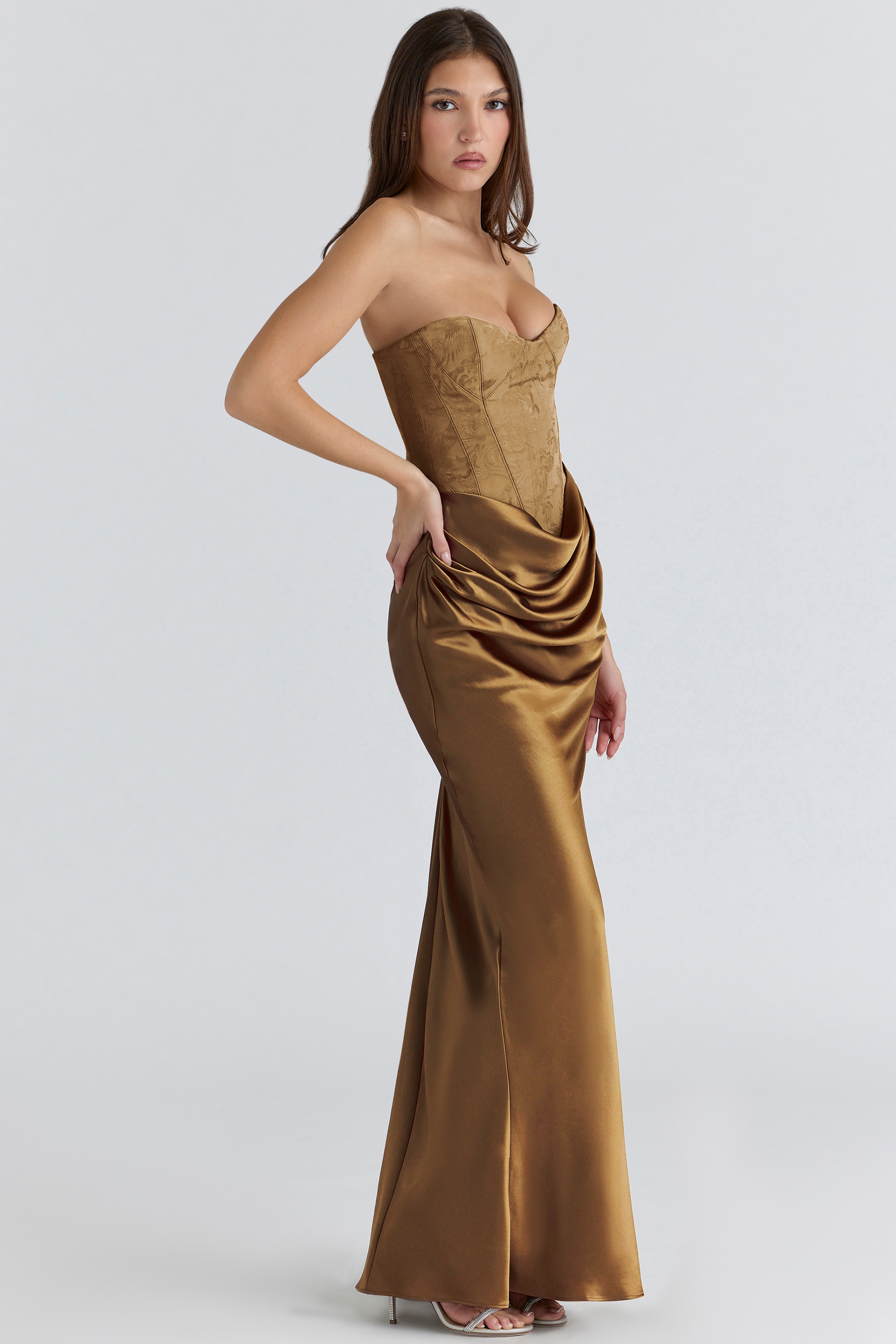 Aurelia  Bronze Brocade Satin Corset Maxi Dress — image 9