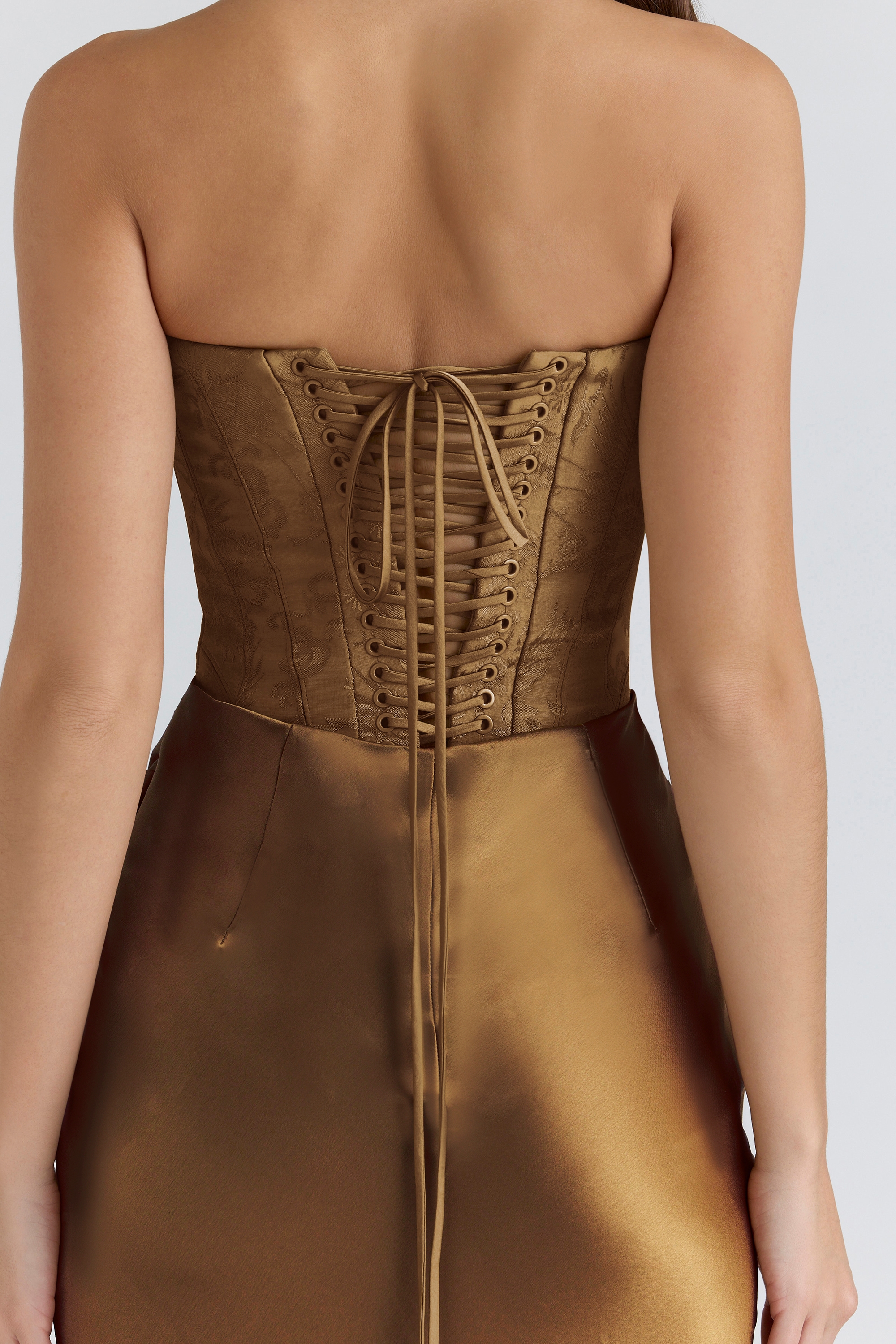 Aurelia  Bronze Brocade Satin Corset Maxi Dress — image 11