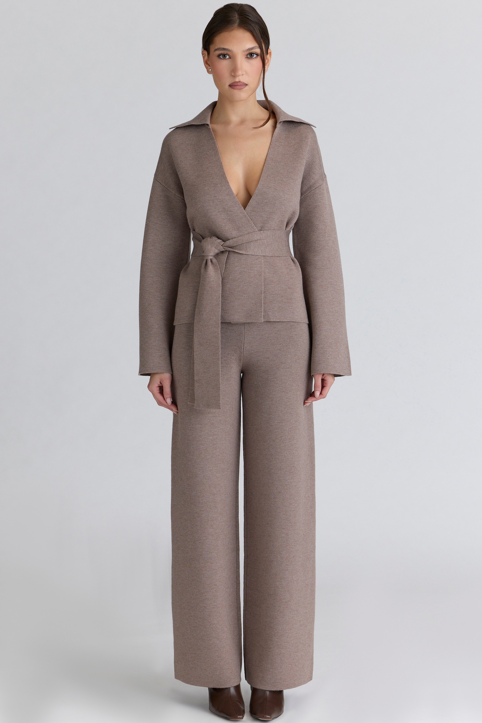Avery Taupe Wool Wide Leg Trousers