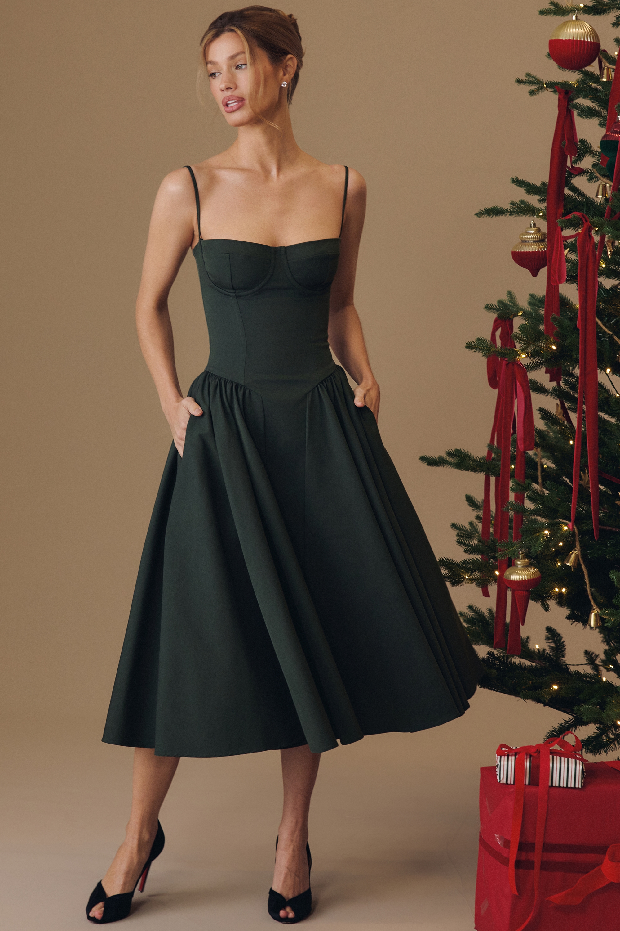 Samaria  Emerald Green Corset Midi Dress — image 2