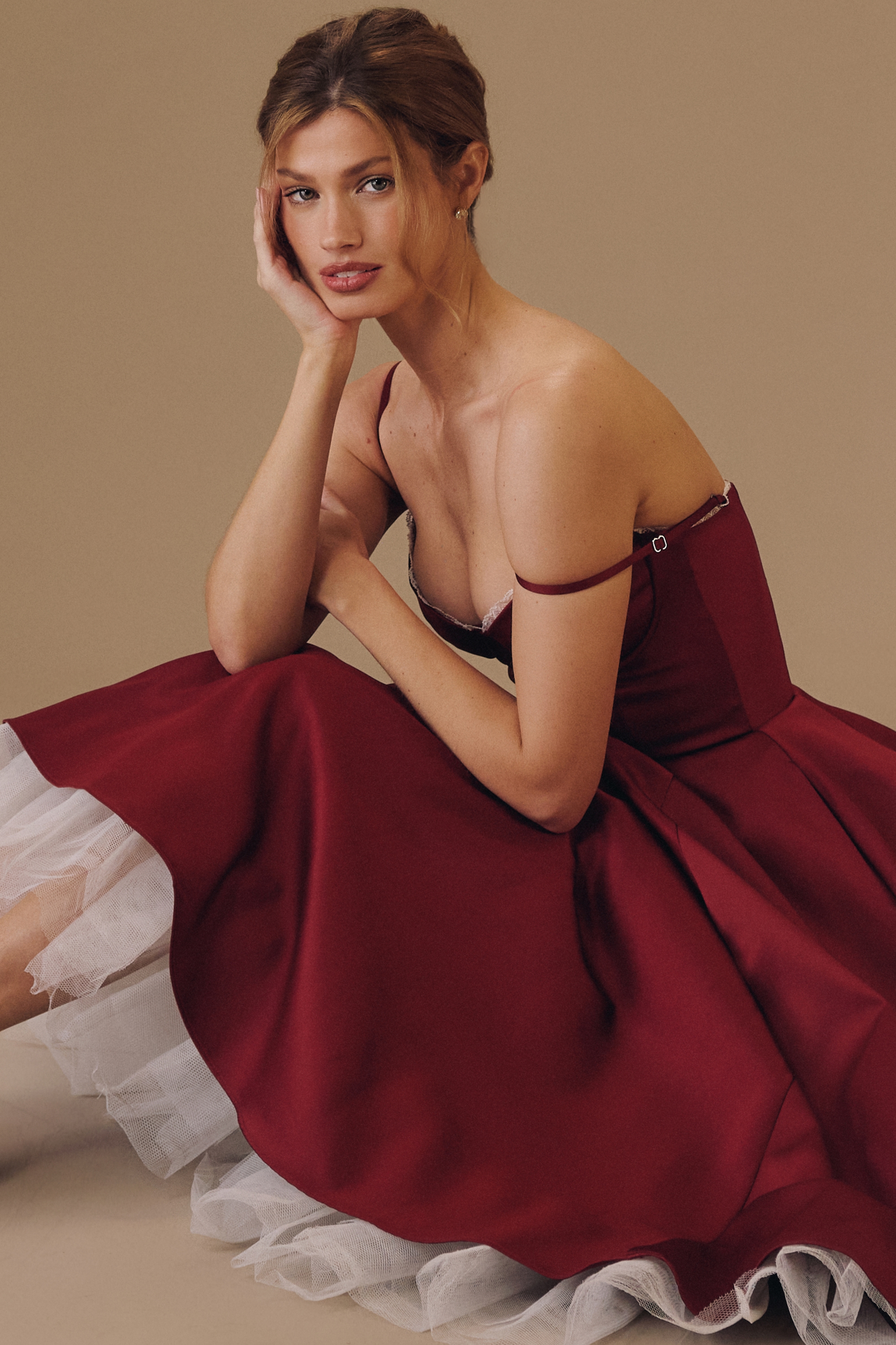 Mademoiselle  Wine Satin Tulle Midi Dress — image 5