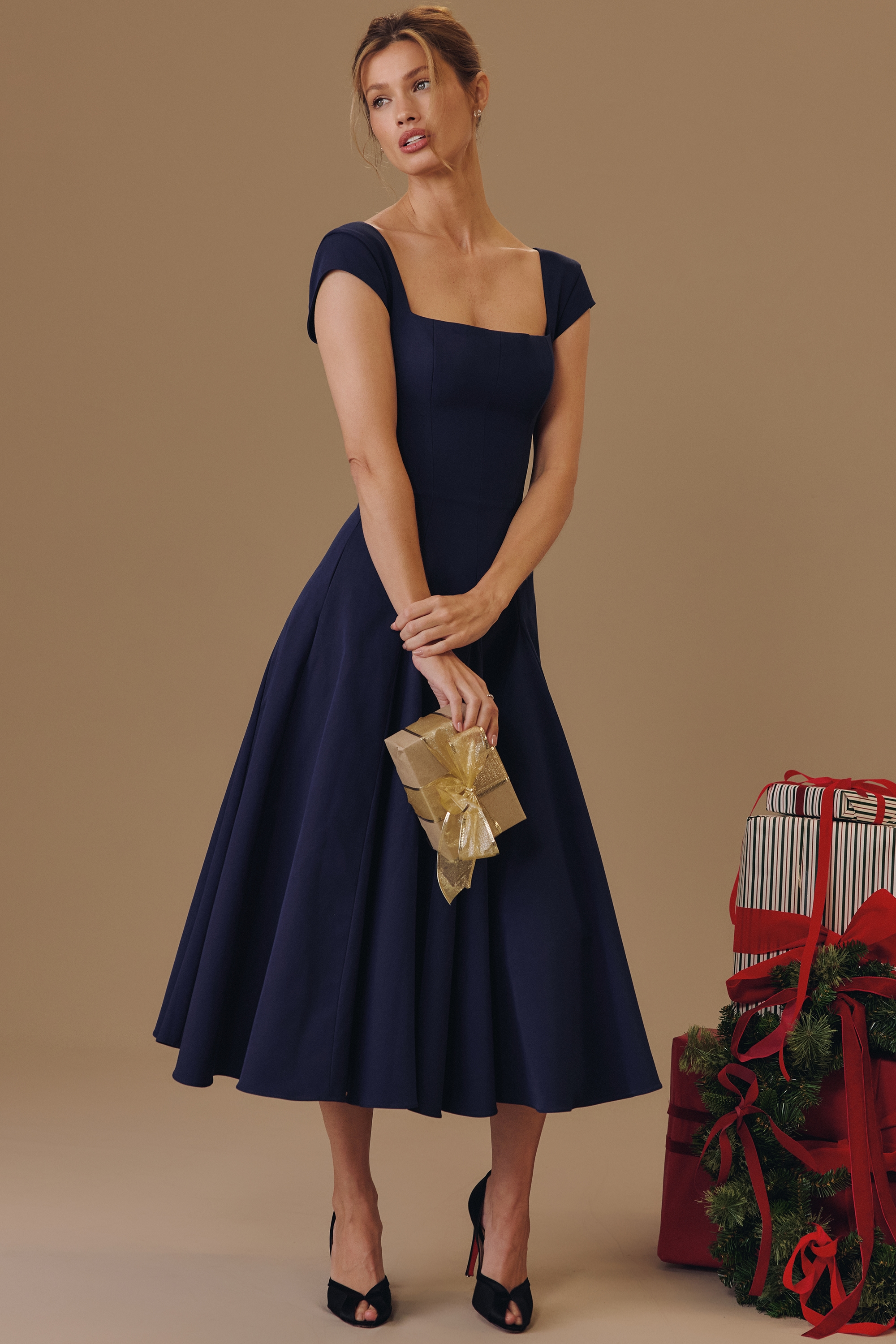 Raisa  Navy Lace Back Twill Midi Dress — image 2