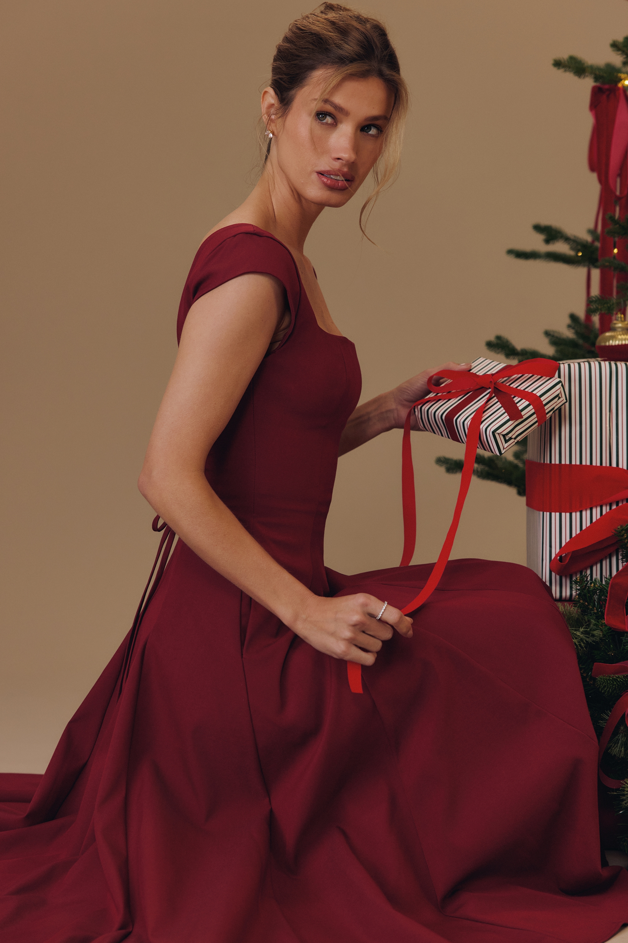 Raisa  Wine Lace Back Twill Midi Dress — image 9