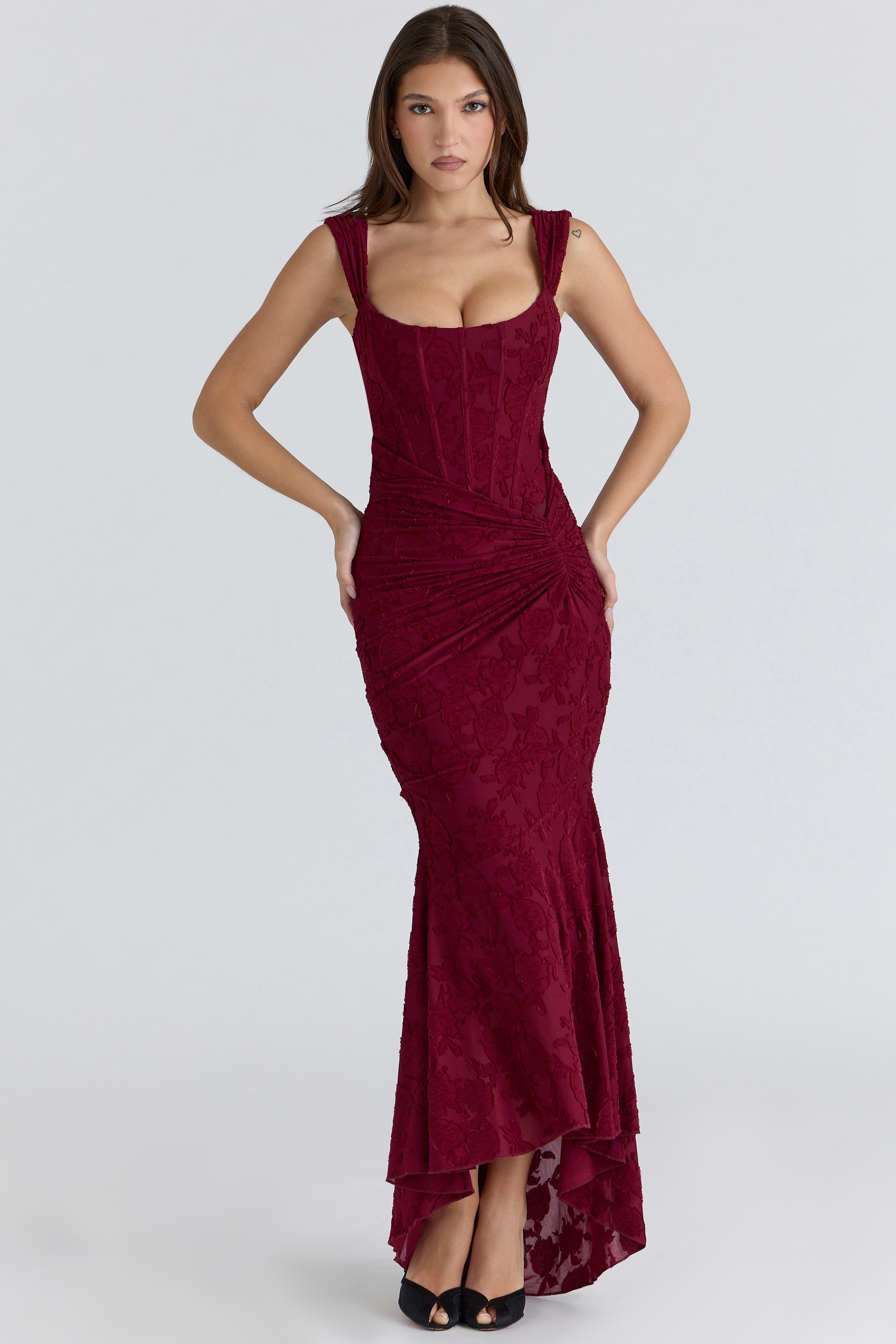 Cesca  Wine Floral Lace Corset Maxi Dress — image 7