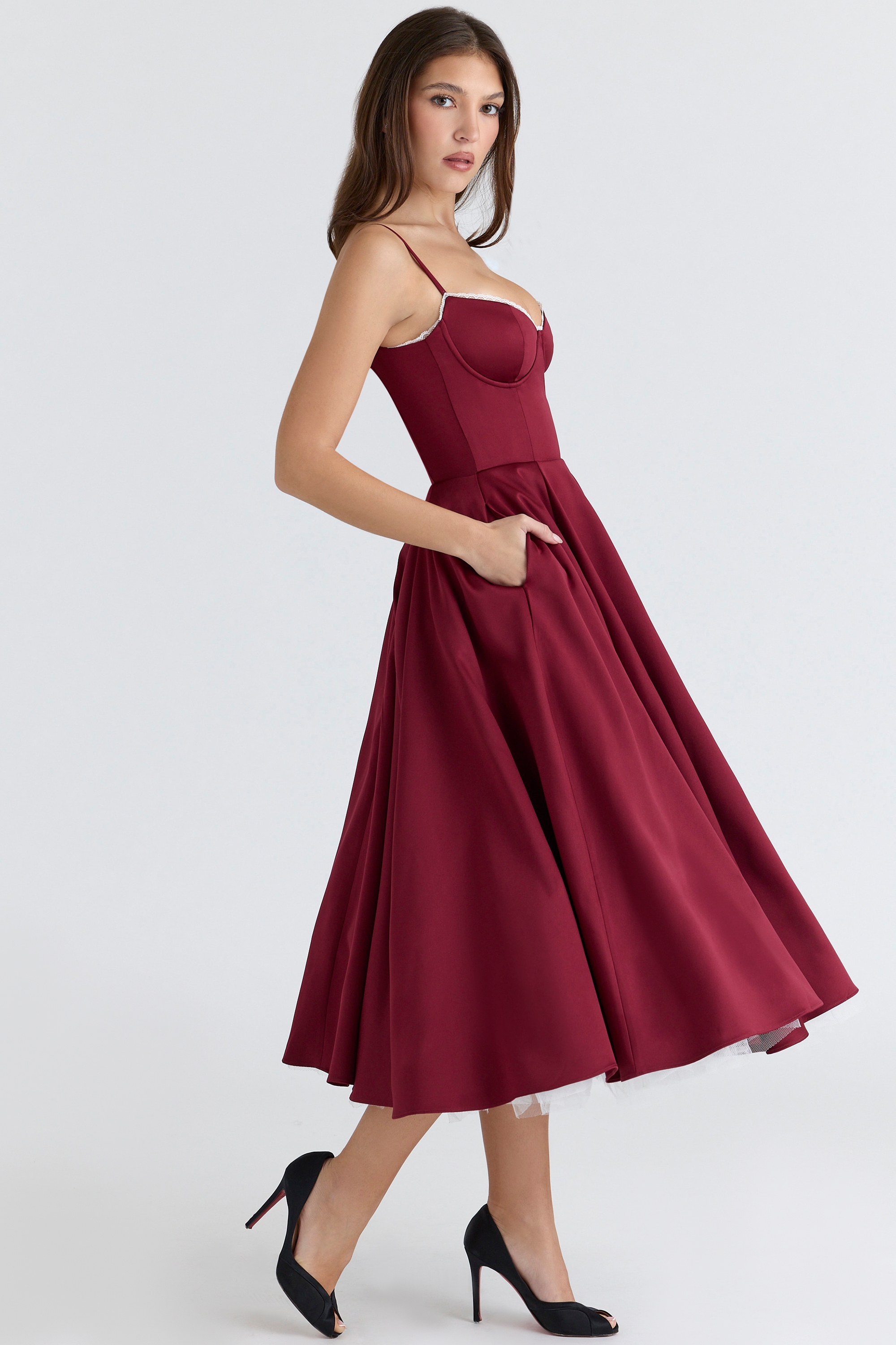 Mademoiselle  Wine Satin Tulle Midi Dress — image 9
