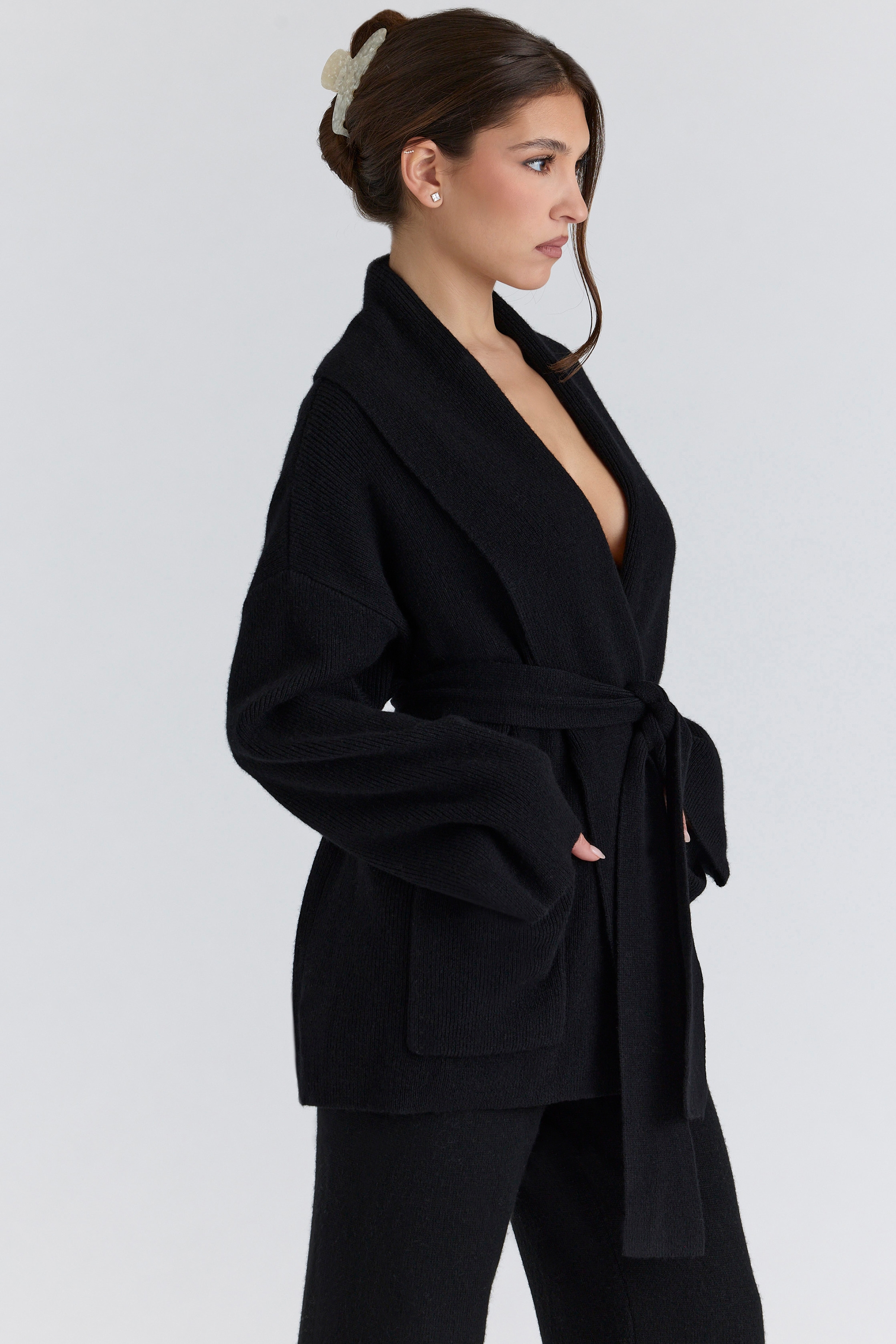 Madison  Black Pure Wool Draped Front Cardigan — image 6