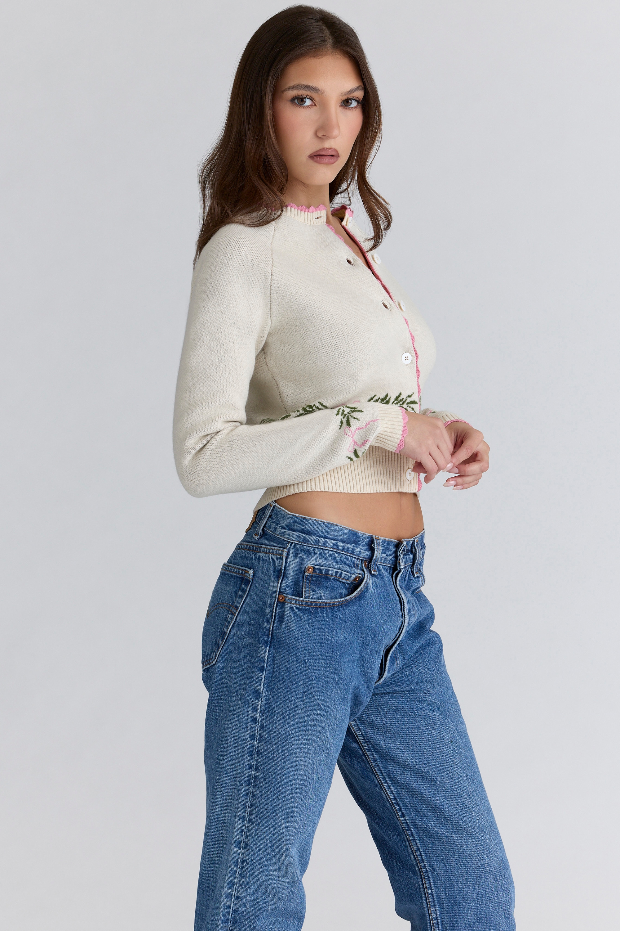 Mistle-Bow  Cream Jacqard Wool Cardigan — image 8