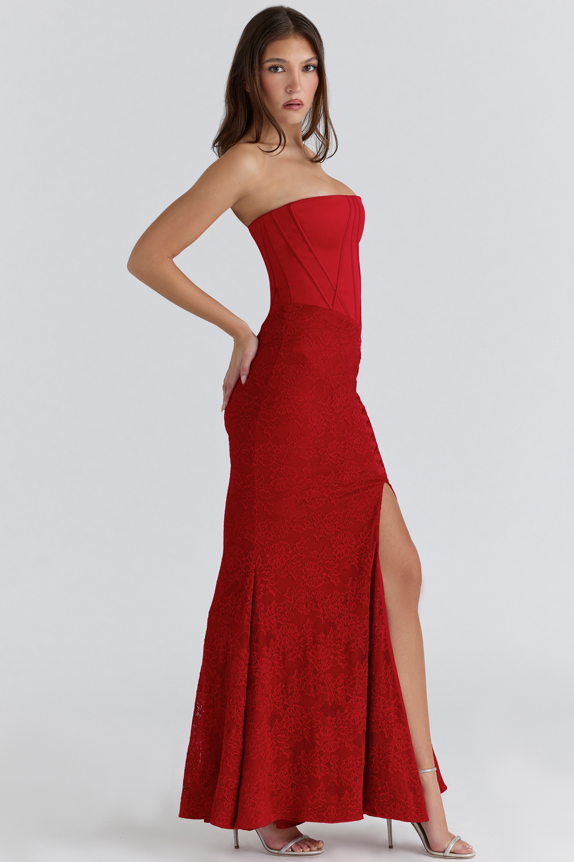 Valerie  Red Satin Lace Strapless Maxi Dress — image 9