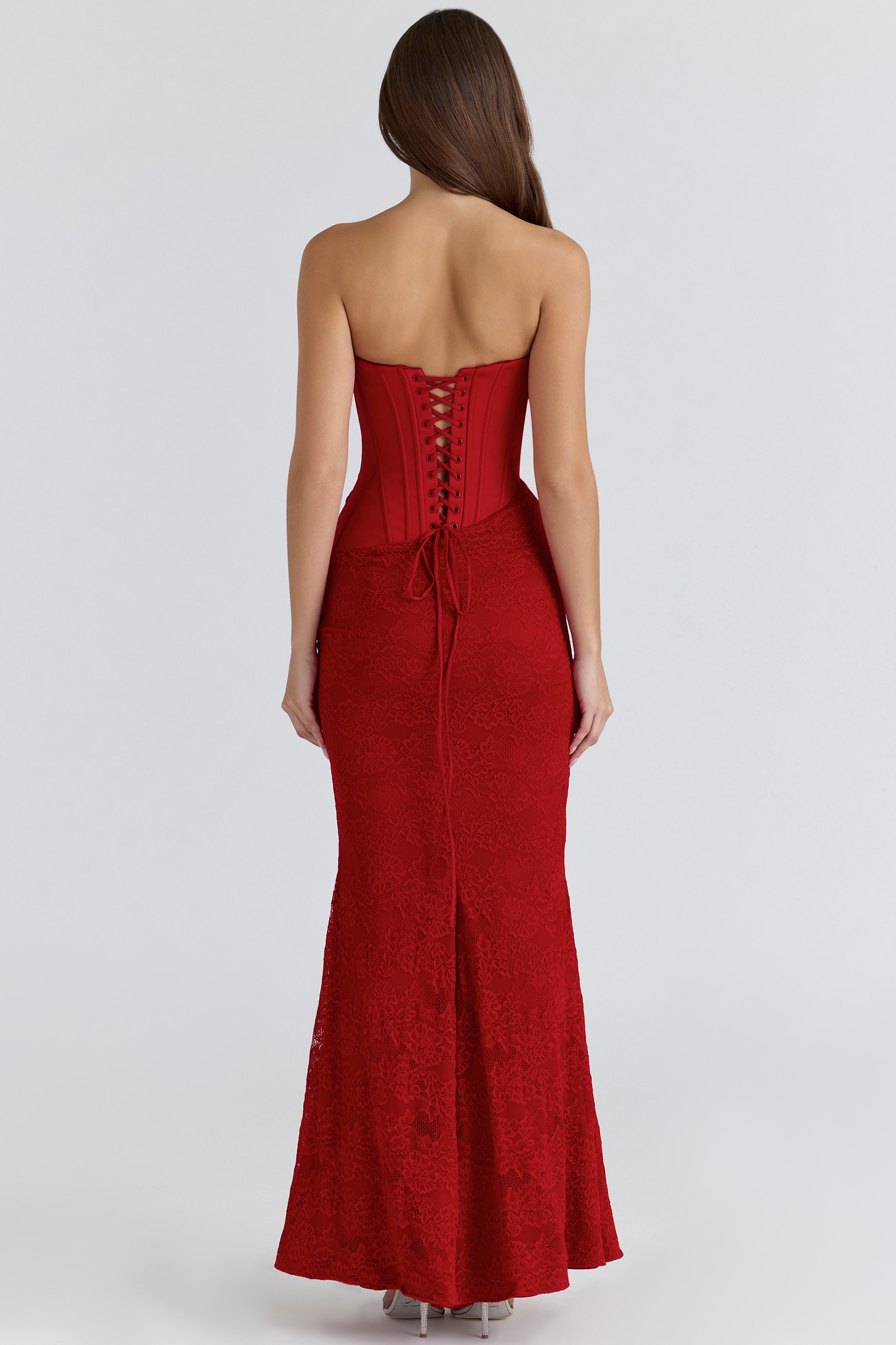 Valerie  Red Satin Lace Strapless Maxi Dress — image 11
