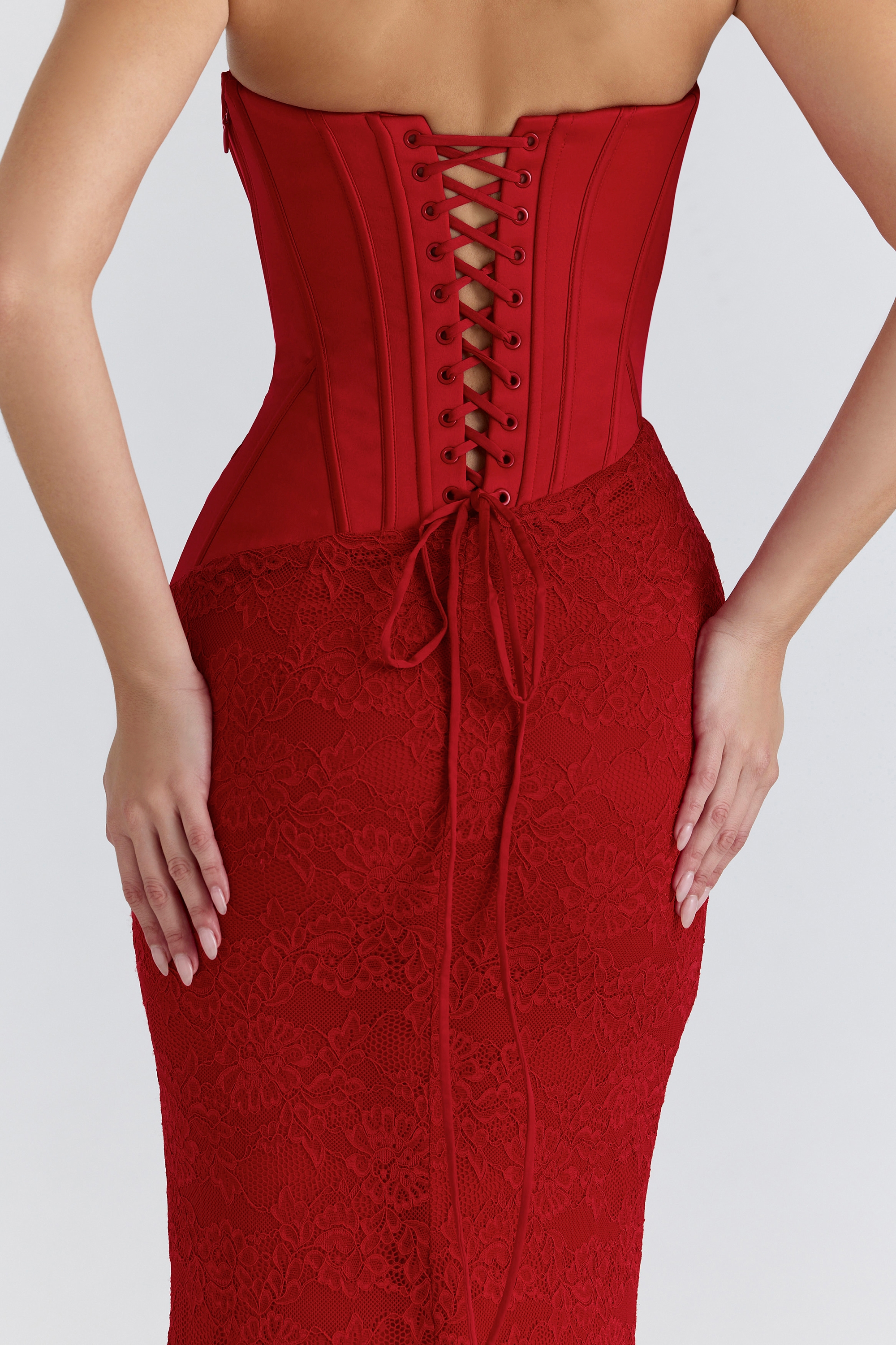 Valerie  Red Satin Lace Strapless Maxi Dress — image 12