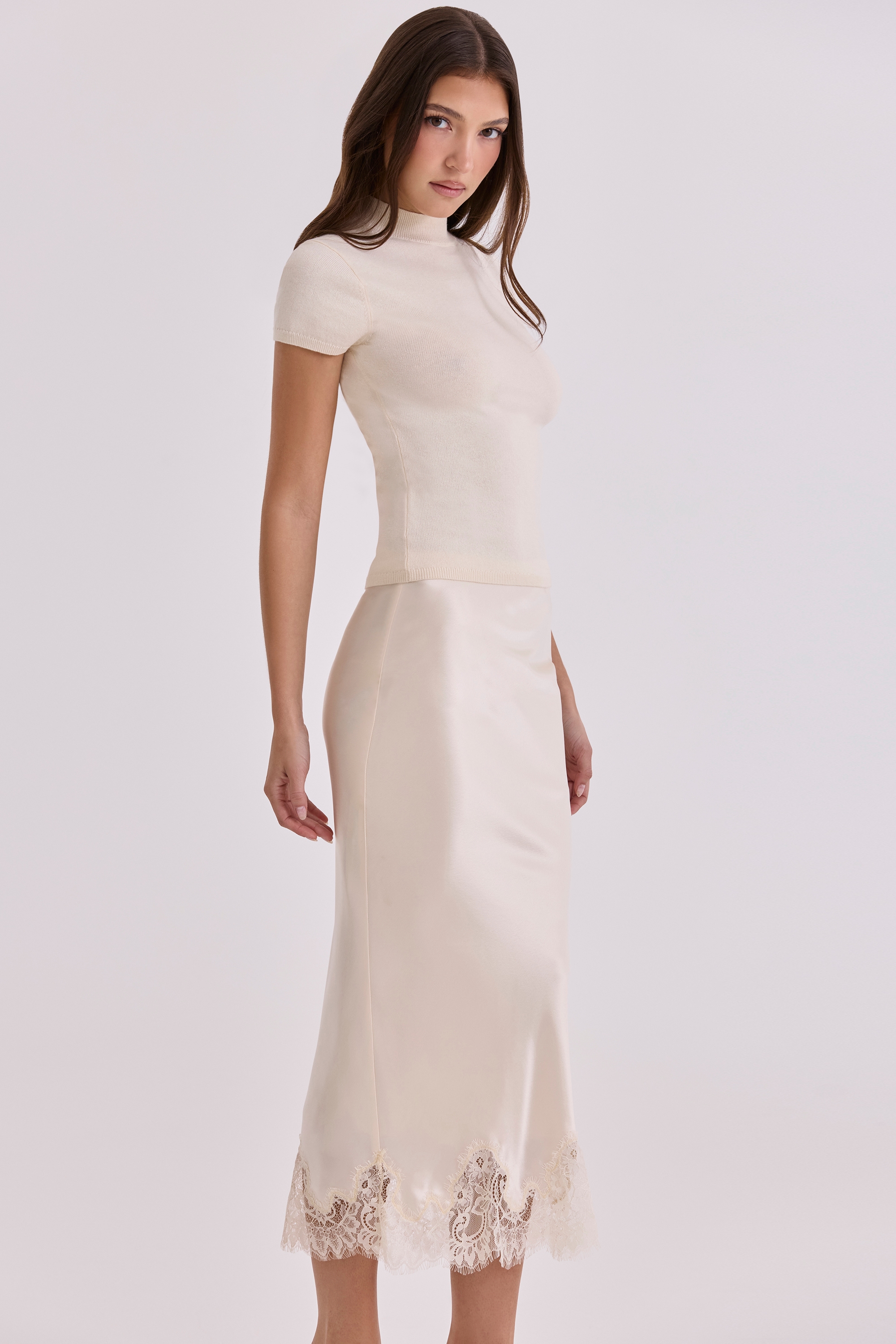 Ciara  Vintage Ivory Satin + Lace Midi Skirt — image 7