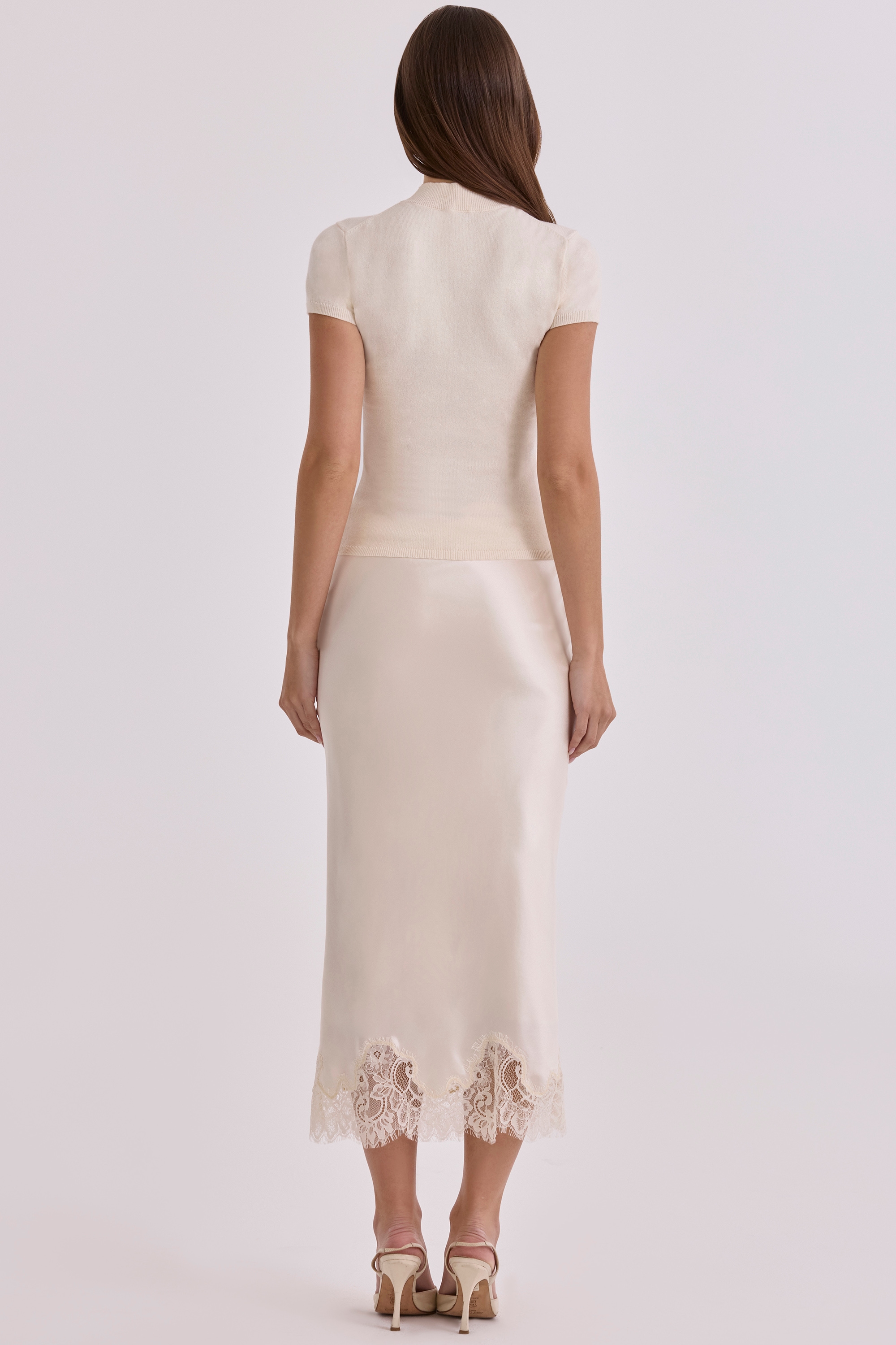 Ciara  Vintage Ivory Satin + Lace Midi Skirt — image 8
