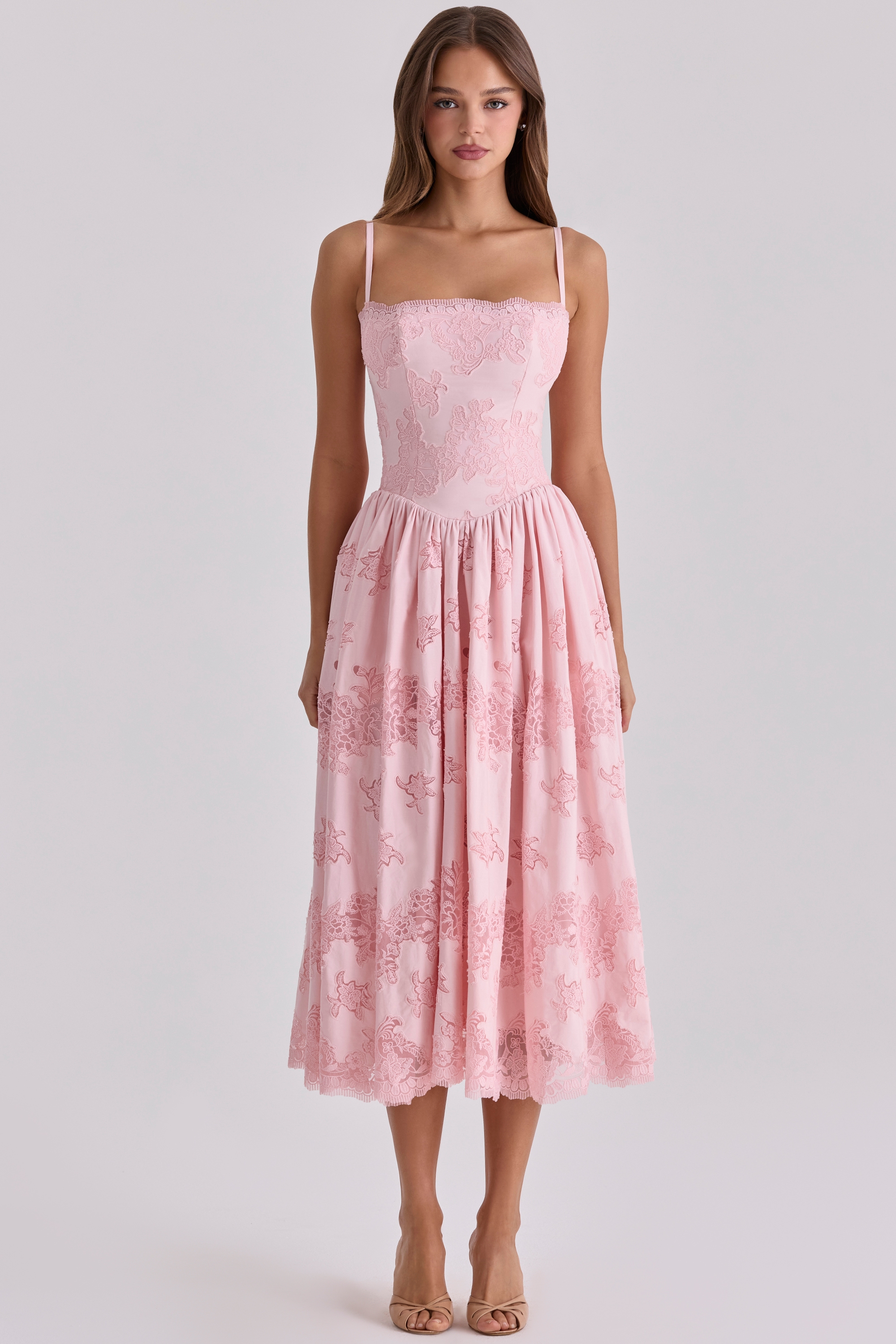 Chloe Pink Cotton Broderie Anglais Lace Midi Sundress