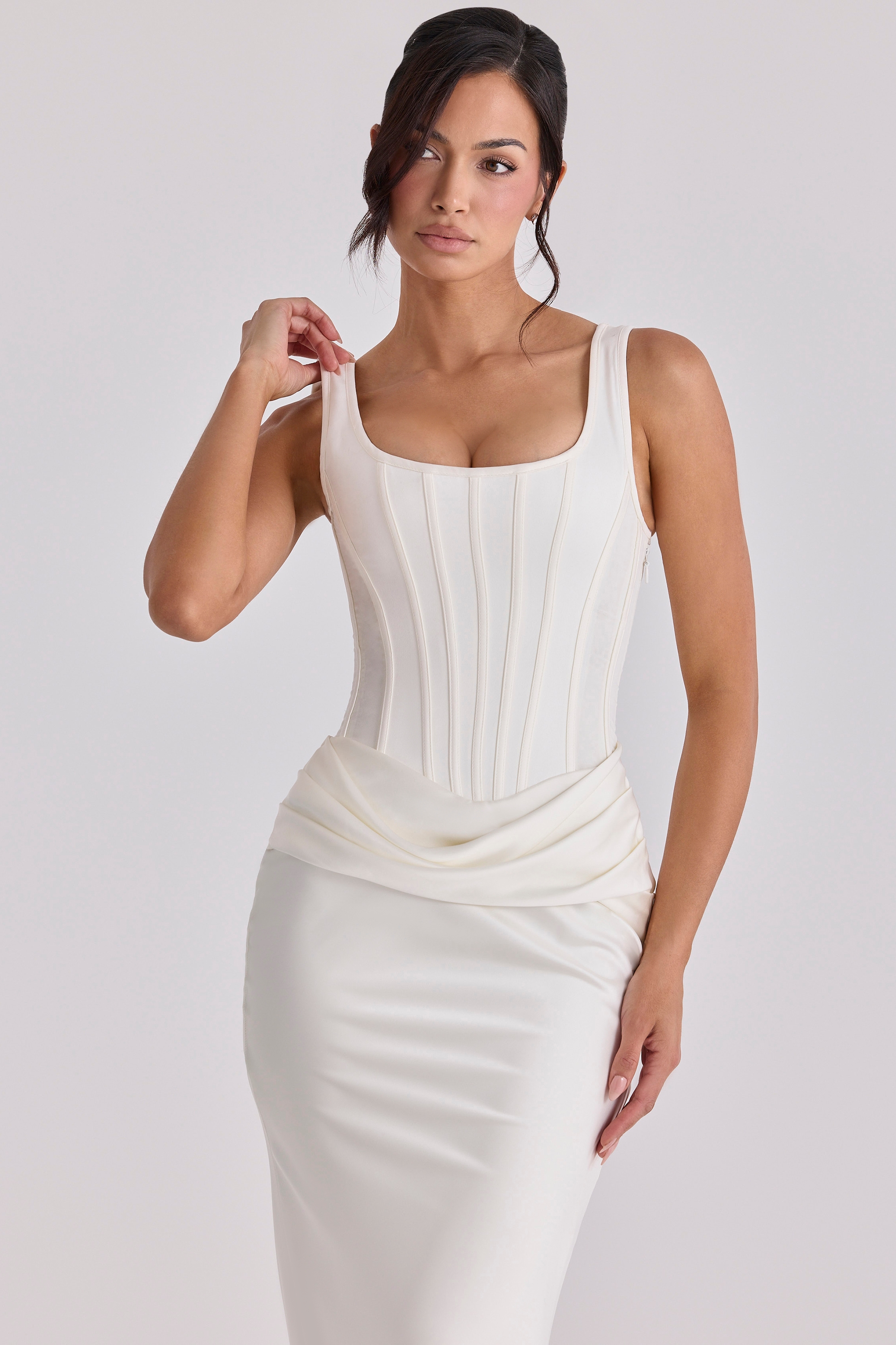 Kira  Ivory Satin Gathered Maxi Dress — image 5