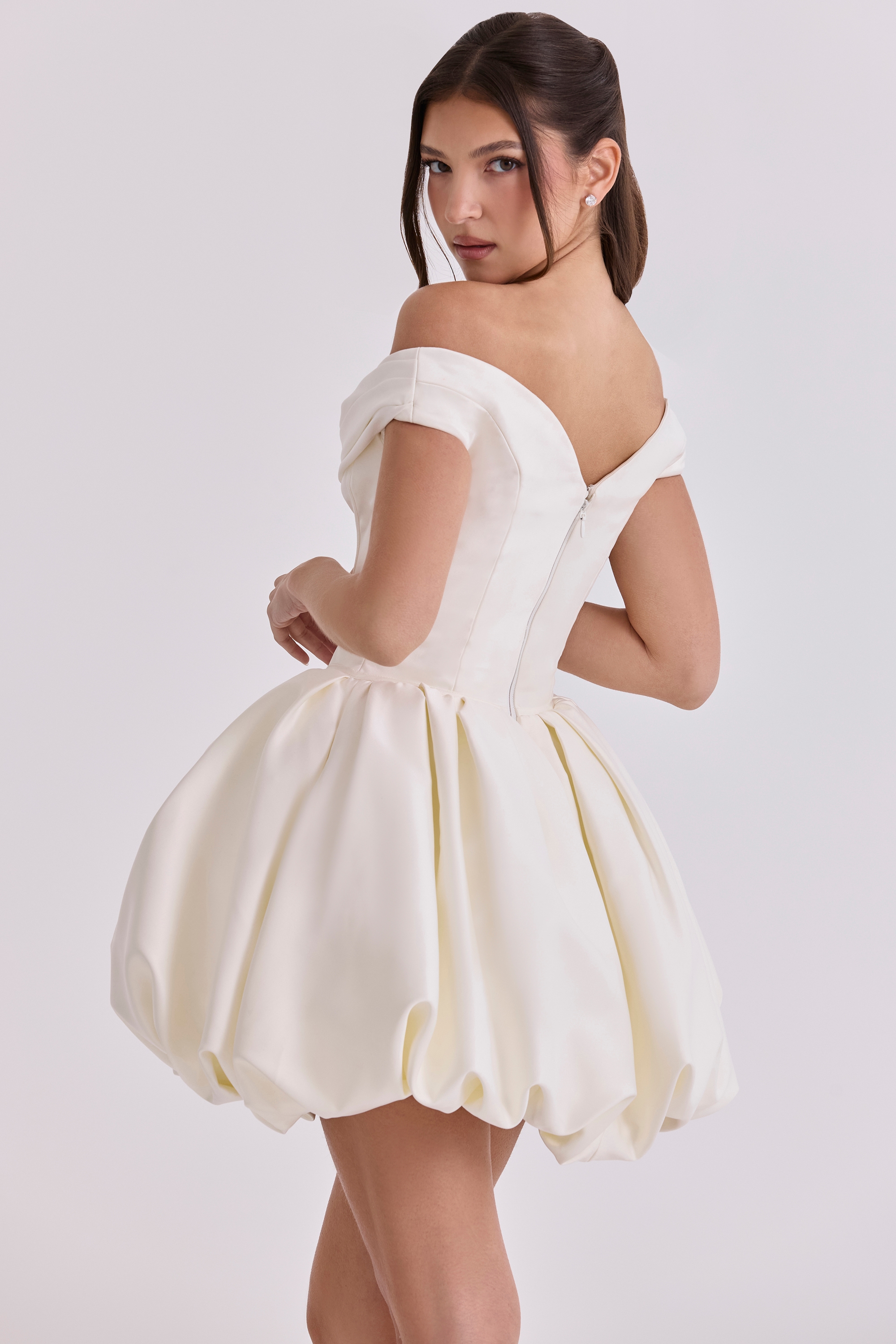 Leonora  Ivory Satin Off Shoulder Mini Bridal Gown — image 9