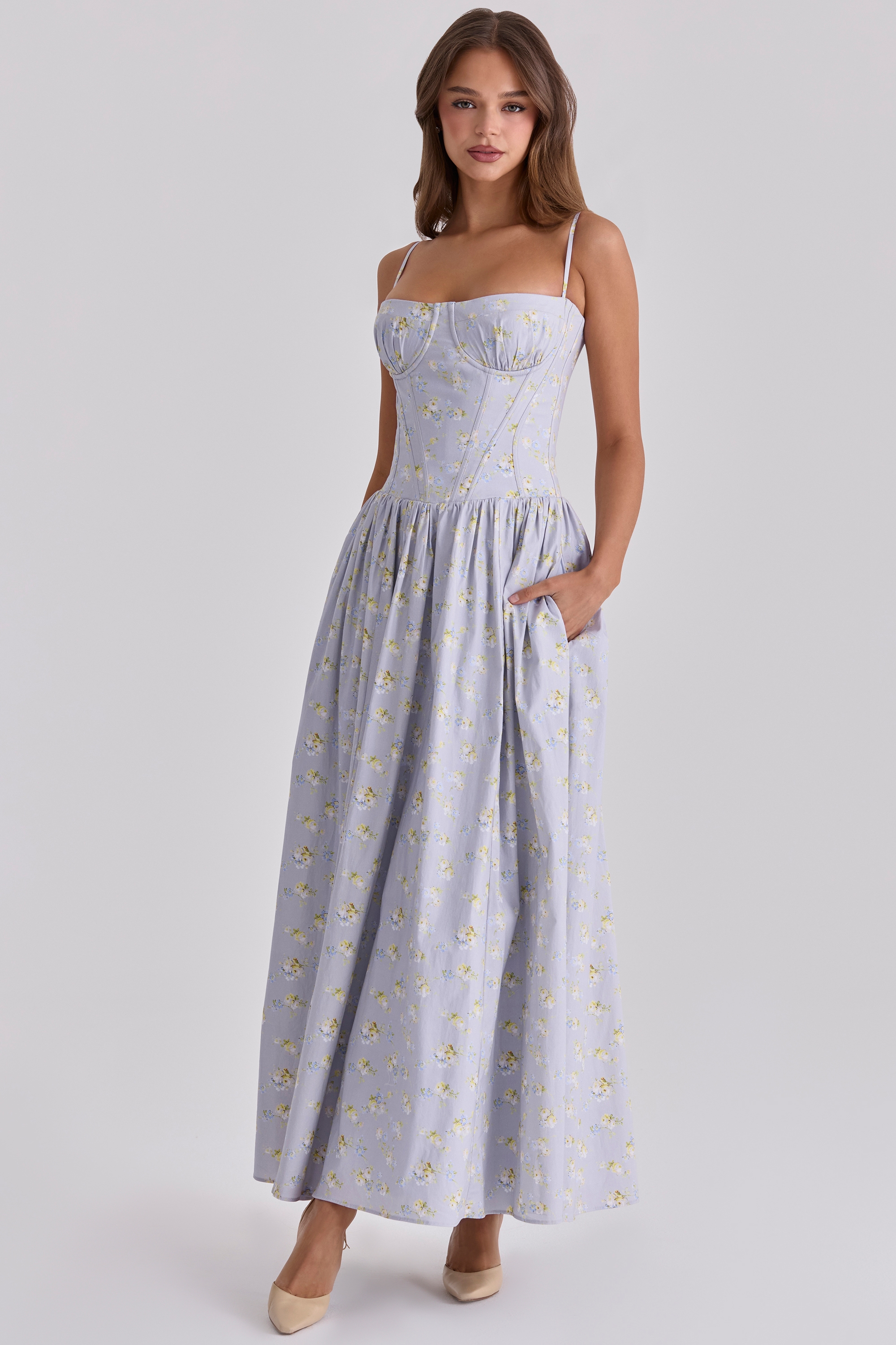 Rona  Blue Wildflower Print Cotton Lace Up Maxi Dress — image 5