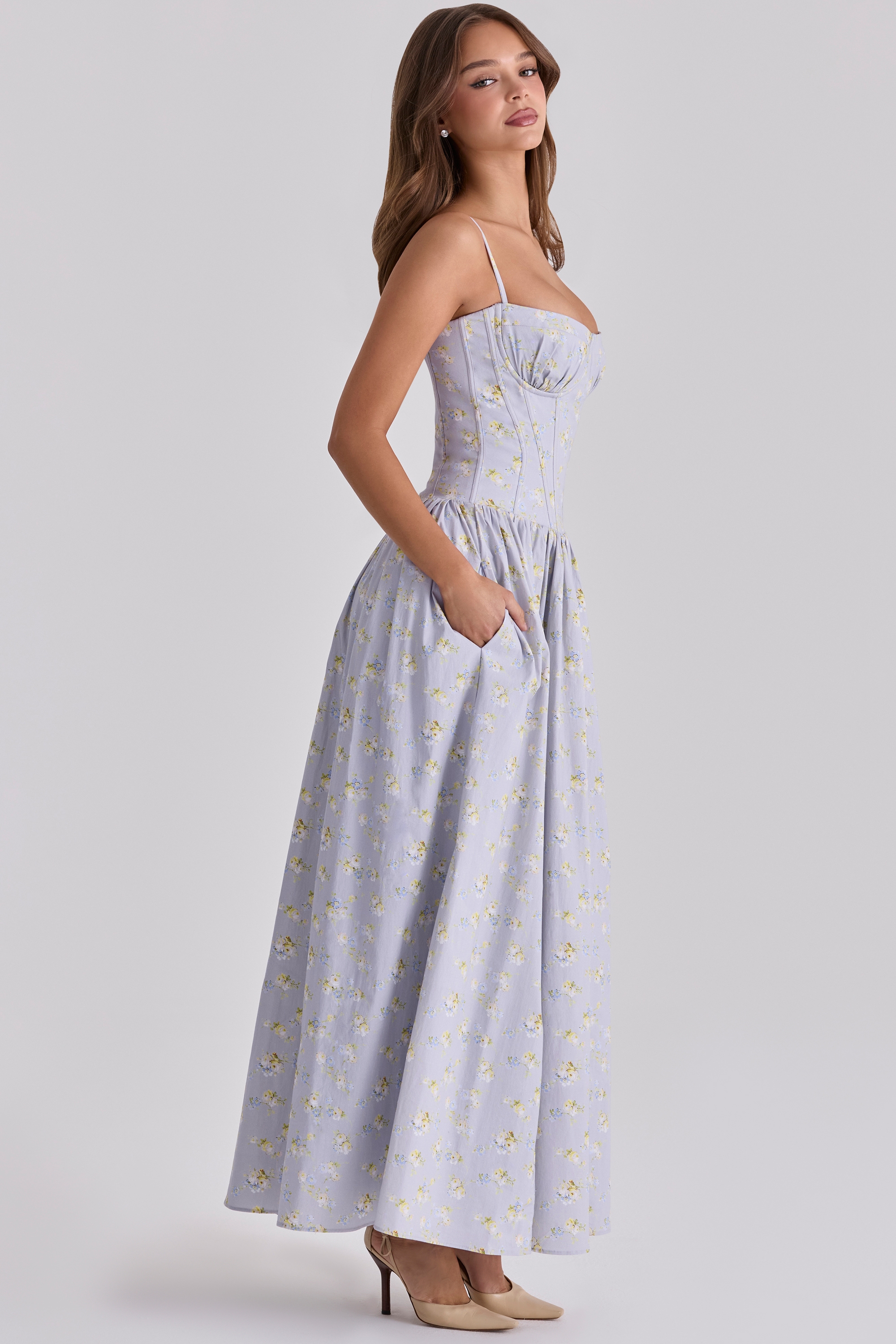 Rona  Blue Wildflower Print Cotton Lace Up Maxi Dress — image 6