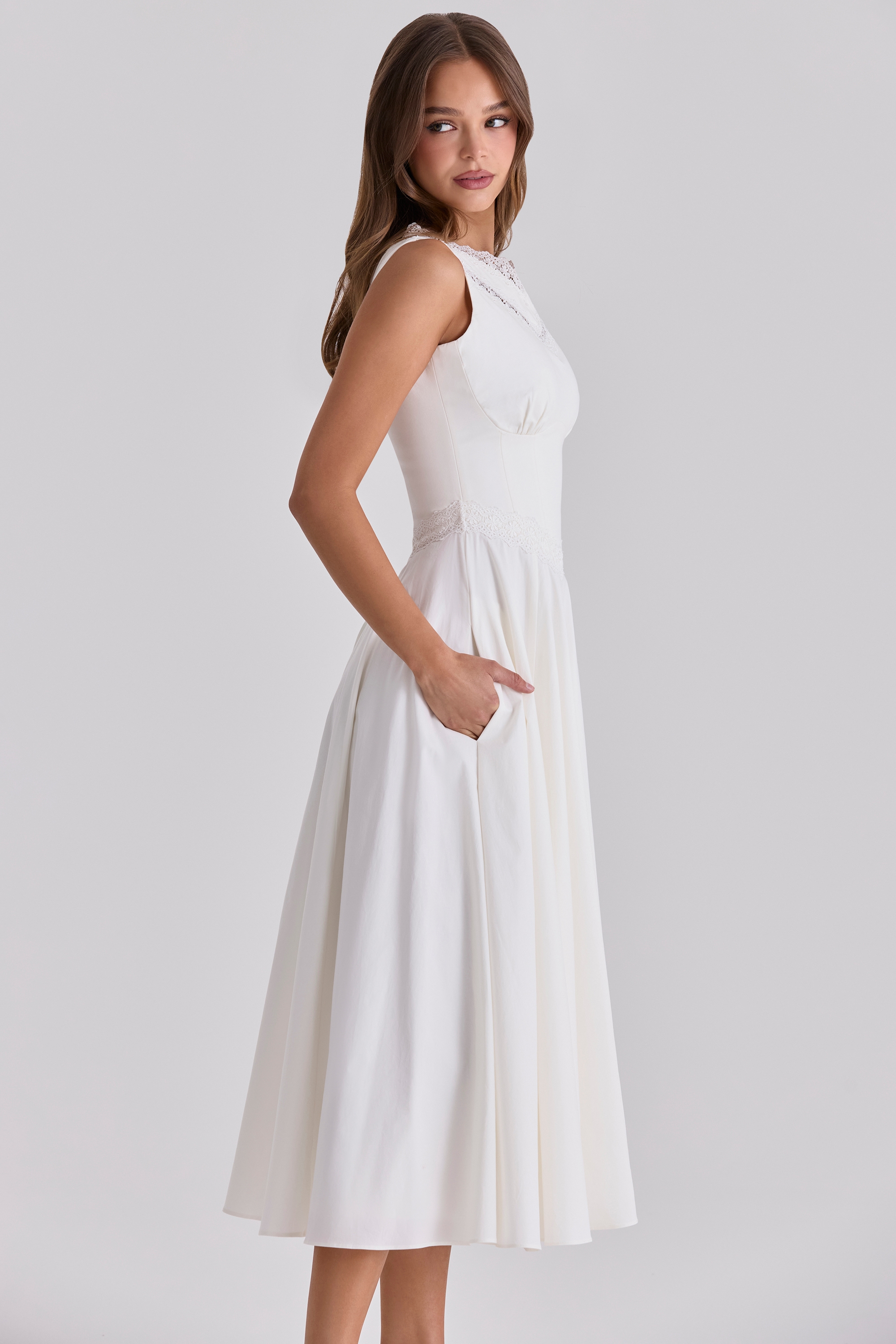 Scarlett  White Cotton Lace Trim Waist Cinch Midi Dress — image 10