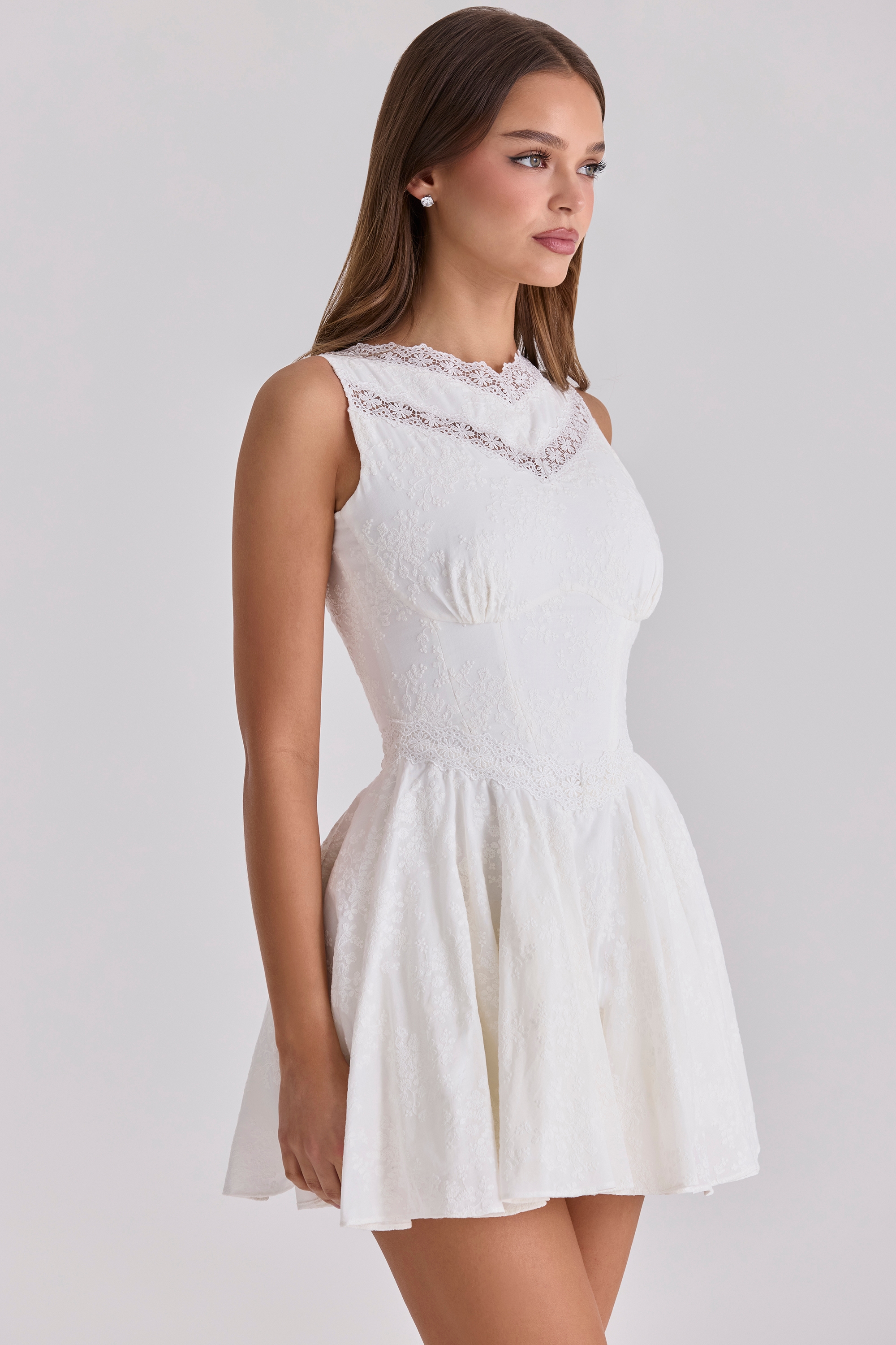 Scarlett  White Embroidered Cotton Lace Trim Mini Dress — image 8