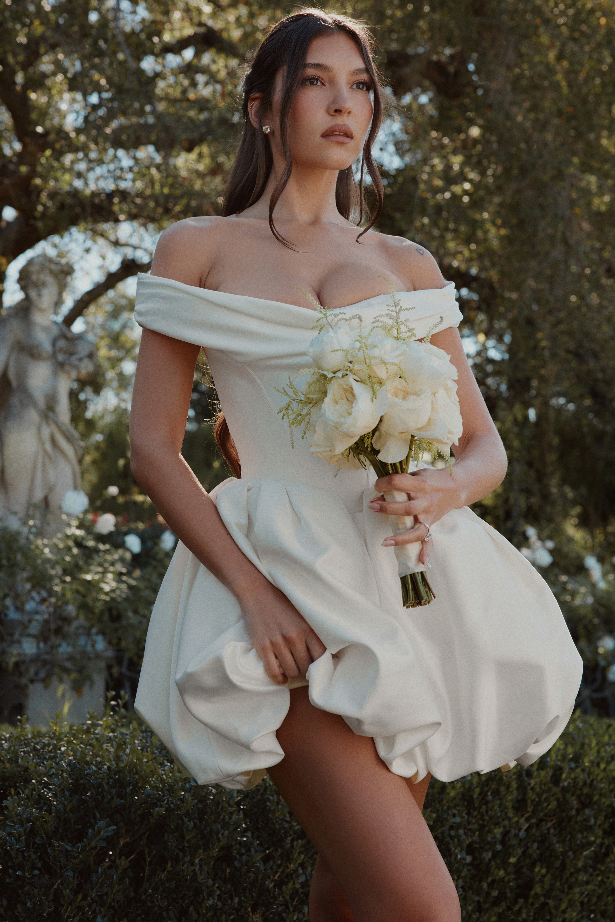 Leonora  Ivory Satin Off Shoulder Mini Bridal Gown — image 2