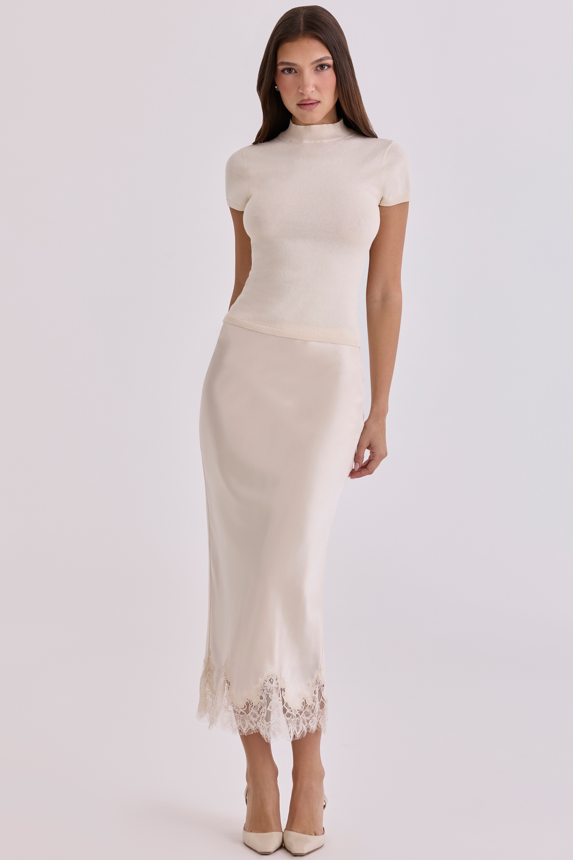 Ciara  Vintage Ivory Satin + Lace Midi Skirt — image 5