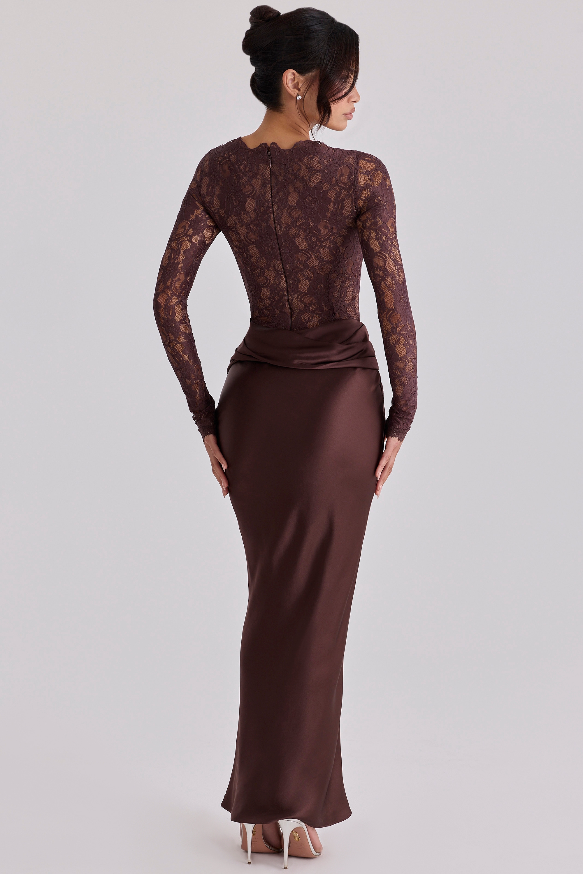 Yasmeen  Espresso Brown Lace + Satin Draped Maxi Dress — image 6