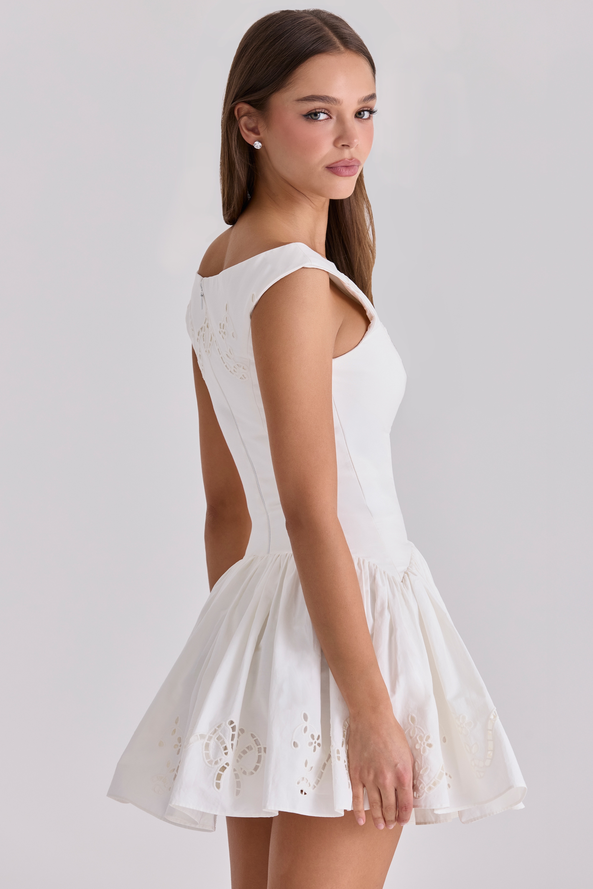 Lauren  White Cotton Broderie Anglaise Boat Neck Mini Dress — image 9