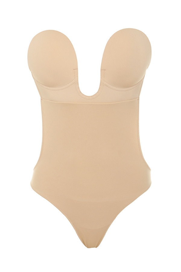 Beige Plunge Self Adhesive Backless Bodysuit — image 6